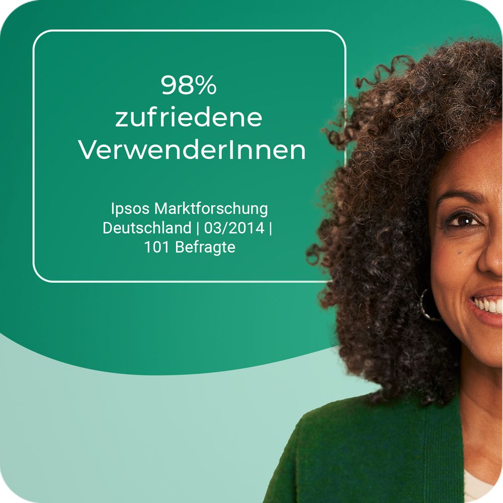 Frau lächelt. Text: 98% zufriedene Verwenderinnen.
