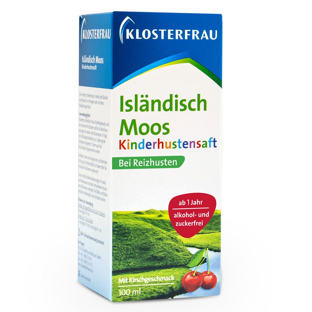 KLOSTERFRAU Isländisch Moos Kinderhustensaft. Verpackung mit Produktnamen, Kirschgeschmack, ab 1 Jahr, 100 ml.