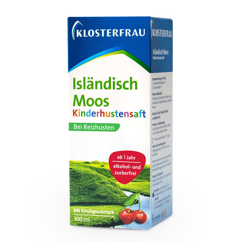 KLOSTERFRAU Isländisch Moos Kinderhustensaft. Verpackung, Produktname, Kirschgeschmack, ab 1 Jahr, 100 ml.