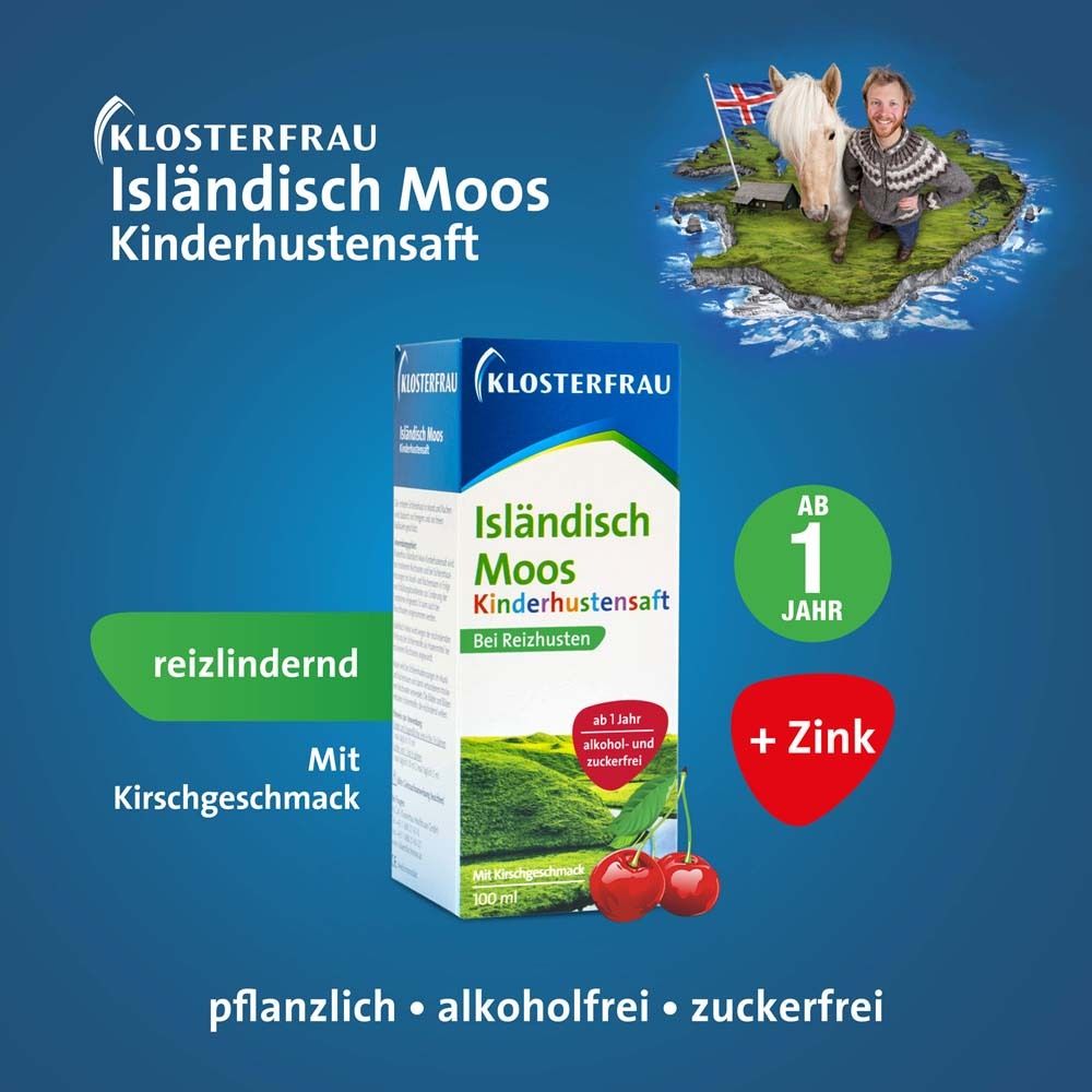 KLOSTERFRAU Isländisch Moos Kinderhustensaft. Produktverpackung, Produktname, Kirschgeschmack, ab 1 Jahr, zuckerfrei.