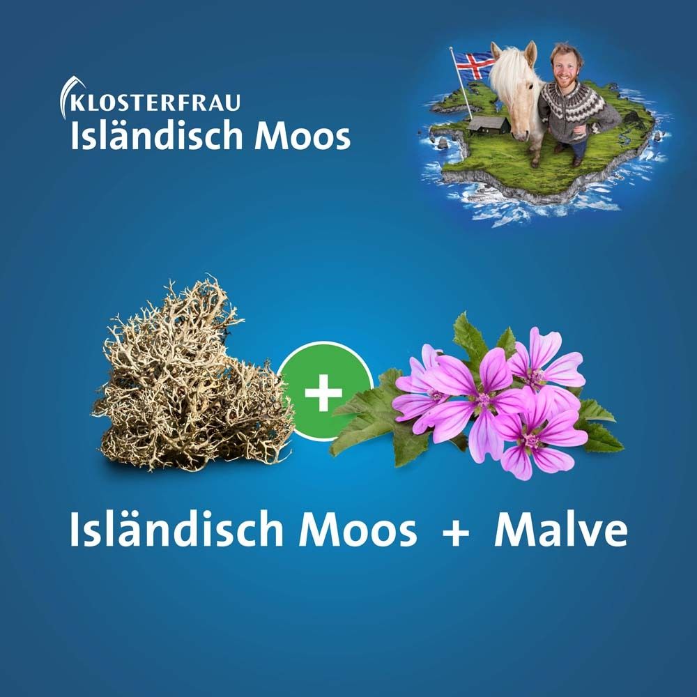 KLOSTERFRAU Isländisch Moos. Bild von Moos und Malve. Produktname, Inhaltsstoffe.