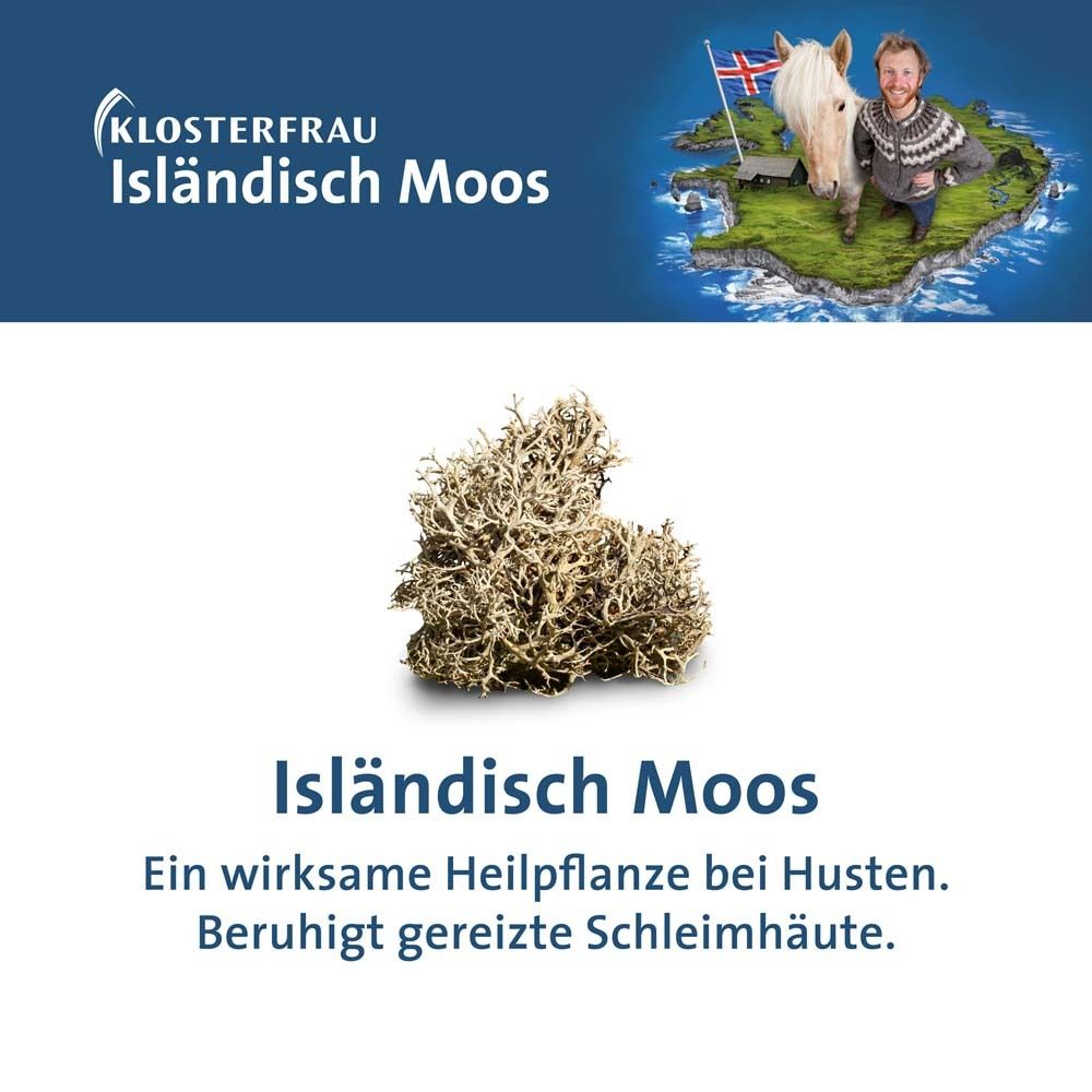 KLOSTERFRAU Isländisch Moos. Produktname, Moos-Abbildung. Text: wirksame Heilpflanze bei Husten.
