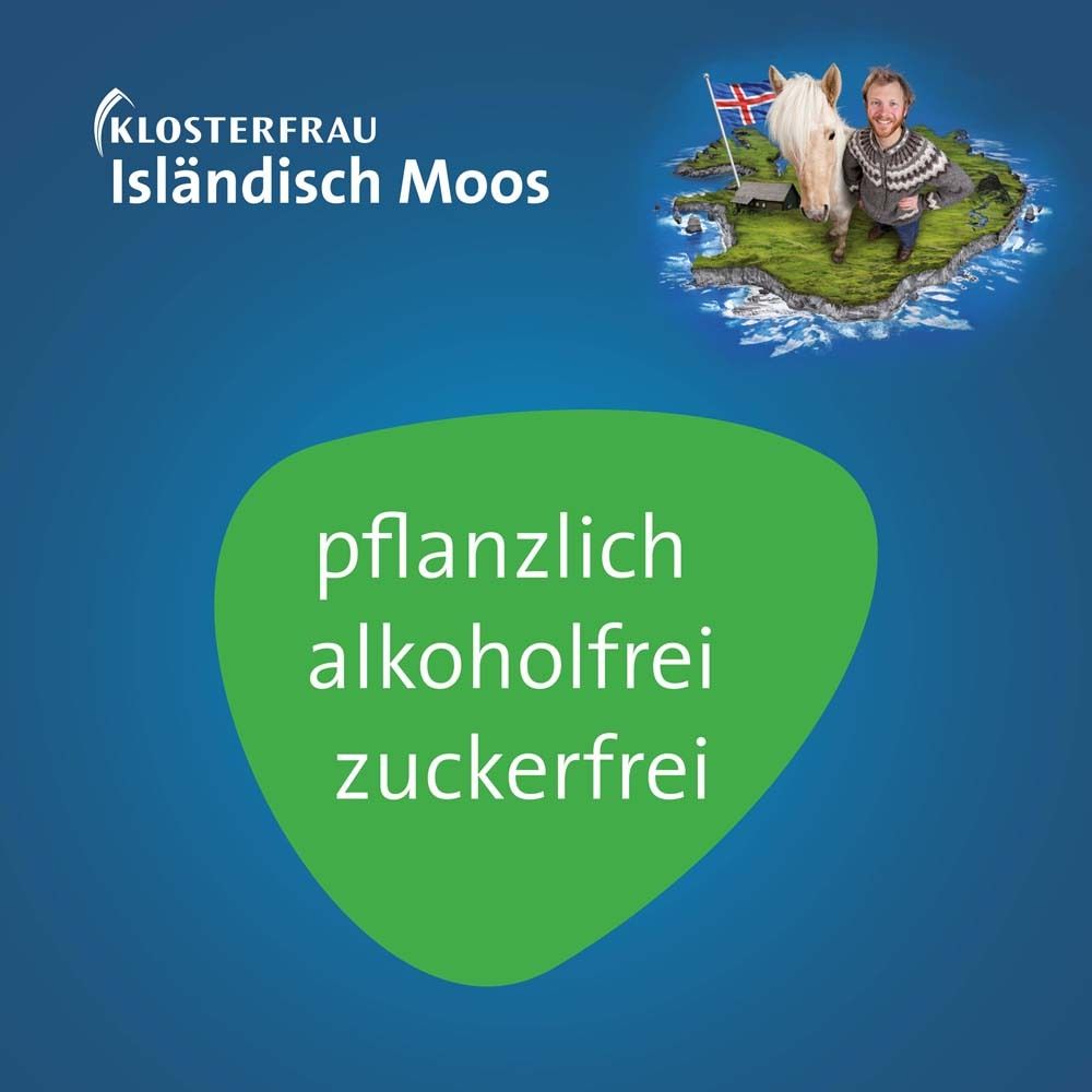 Text: pflanzlich, alkoholfrei, zuckerfrei. Auf blauem Hintergrund.