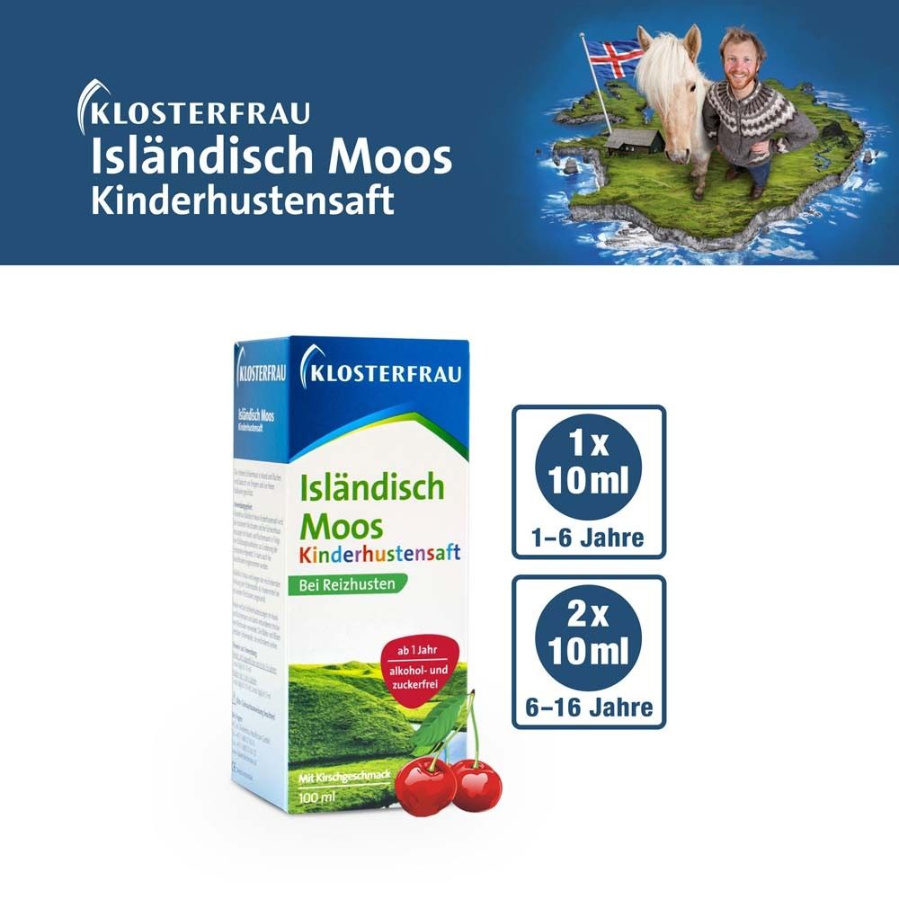 KLOSTERFRAU Isländisch Moos Kinderhustensaft. Verpackung, Produktname, Kirschgeschmack, ab 1 Jahr, 100 ml.