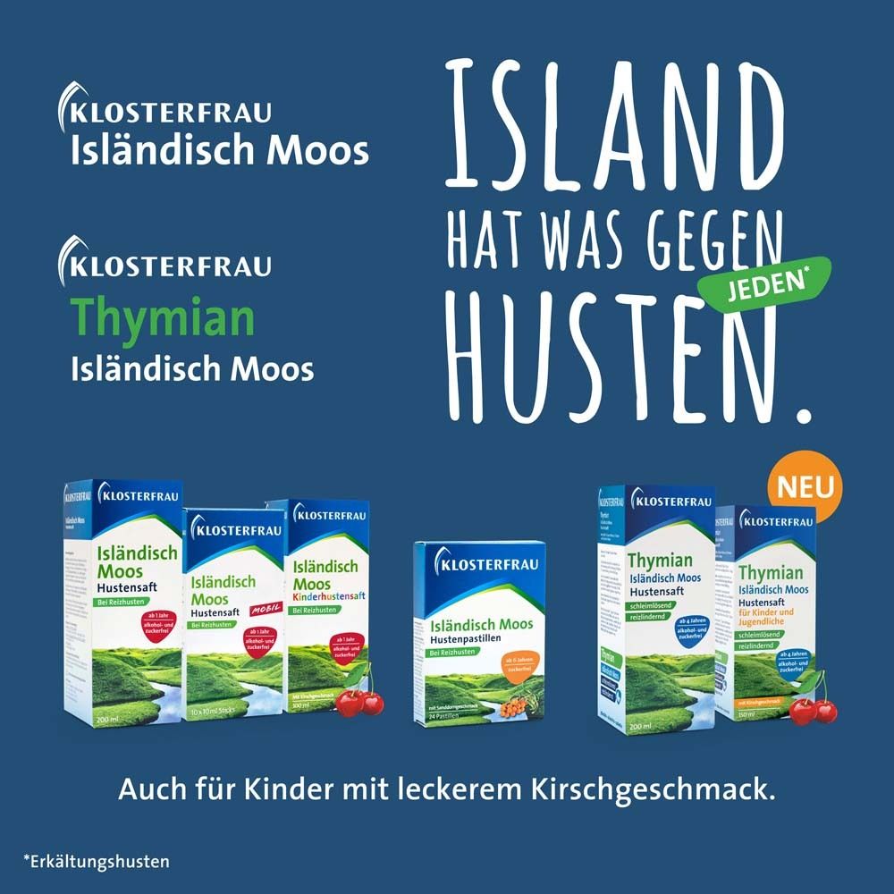 KLOSTERFRAU Hustensäfte. Produktverpackungen, verschiedene Sorten, Kirschgeschmack, auch für Kinder.