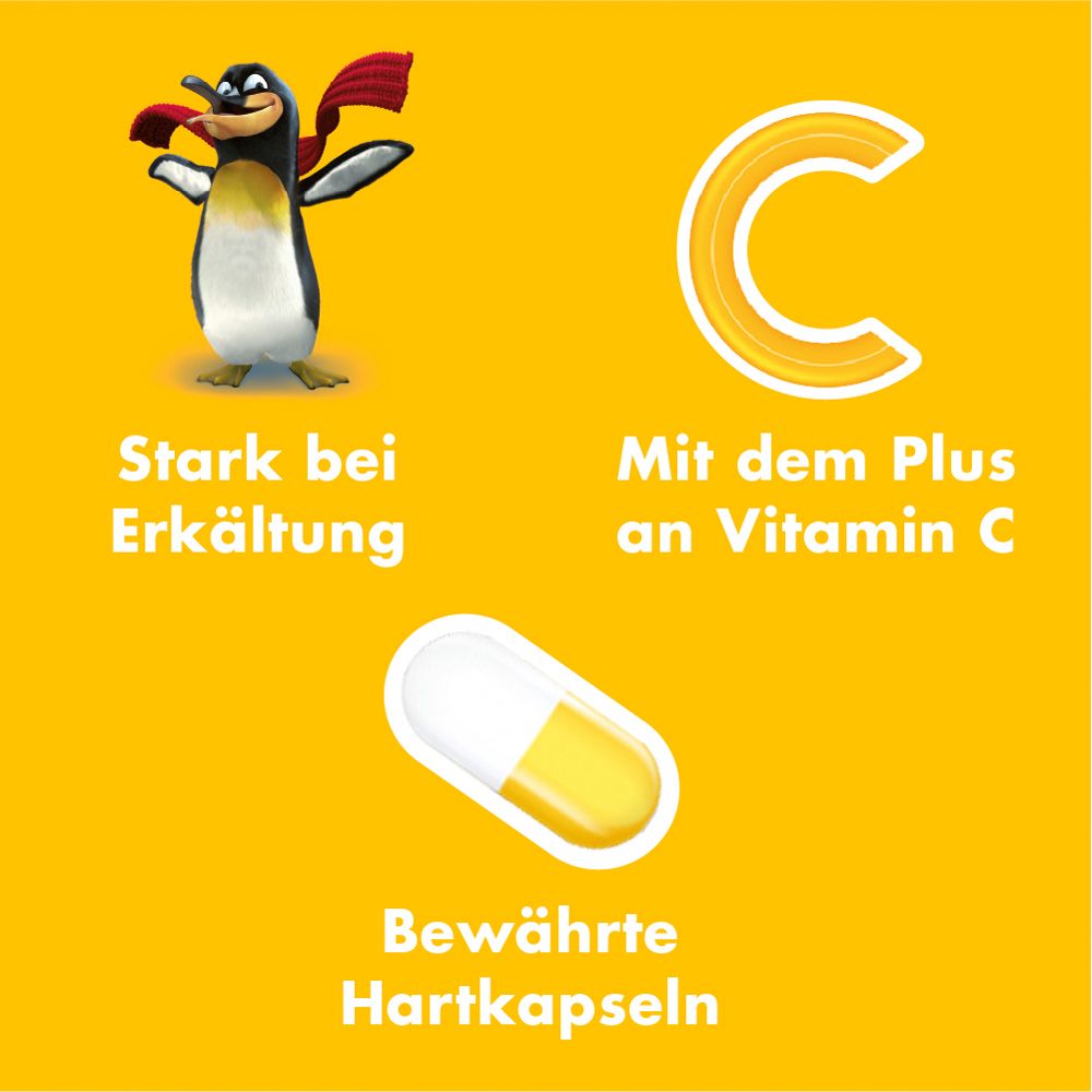 Gelber Hintergrund mit Pinguin, Kapsel und C-Symbol. Text: Stark bei Erkältung, Mit dem Plus an Vitamin C.