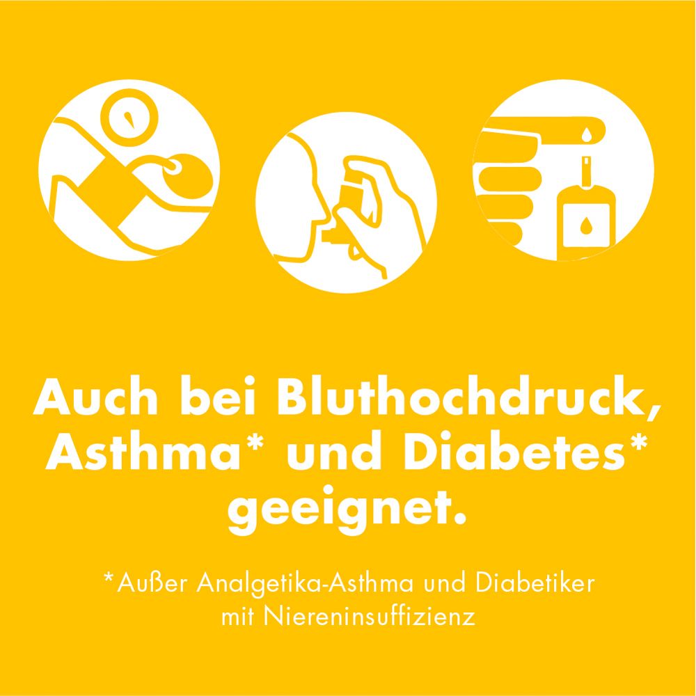 Gelber Hintergrund mit Symbolen. Text: Auch bei Bluthochdruck, Asthma und Diabetes geeignet.