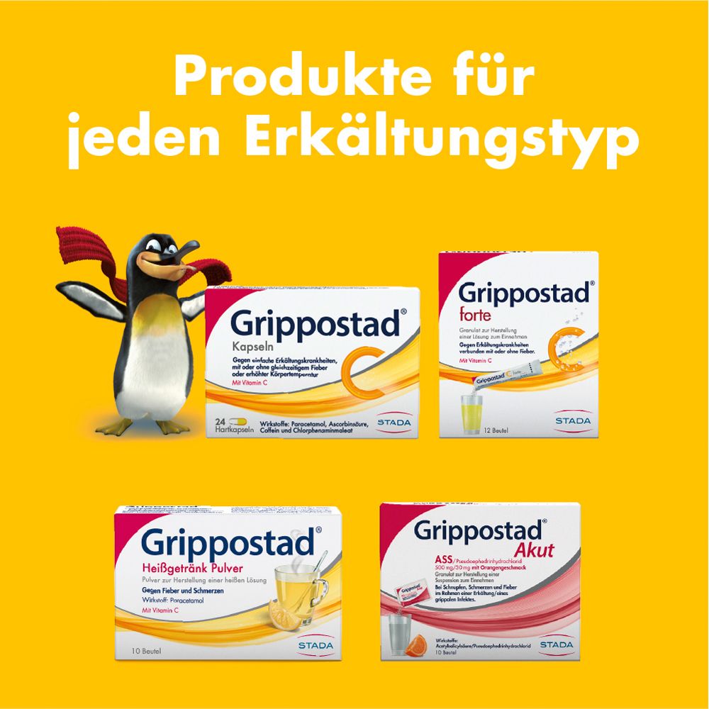 Gelber Hintergrund mit verschiedenen Grippostad® Produkten. Text: Produkte für jeden Erkältungstyp.
