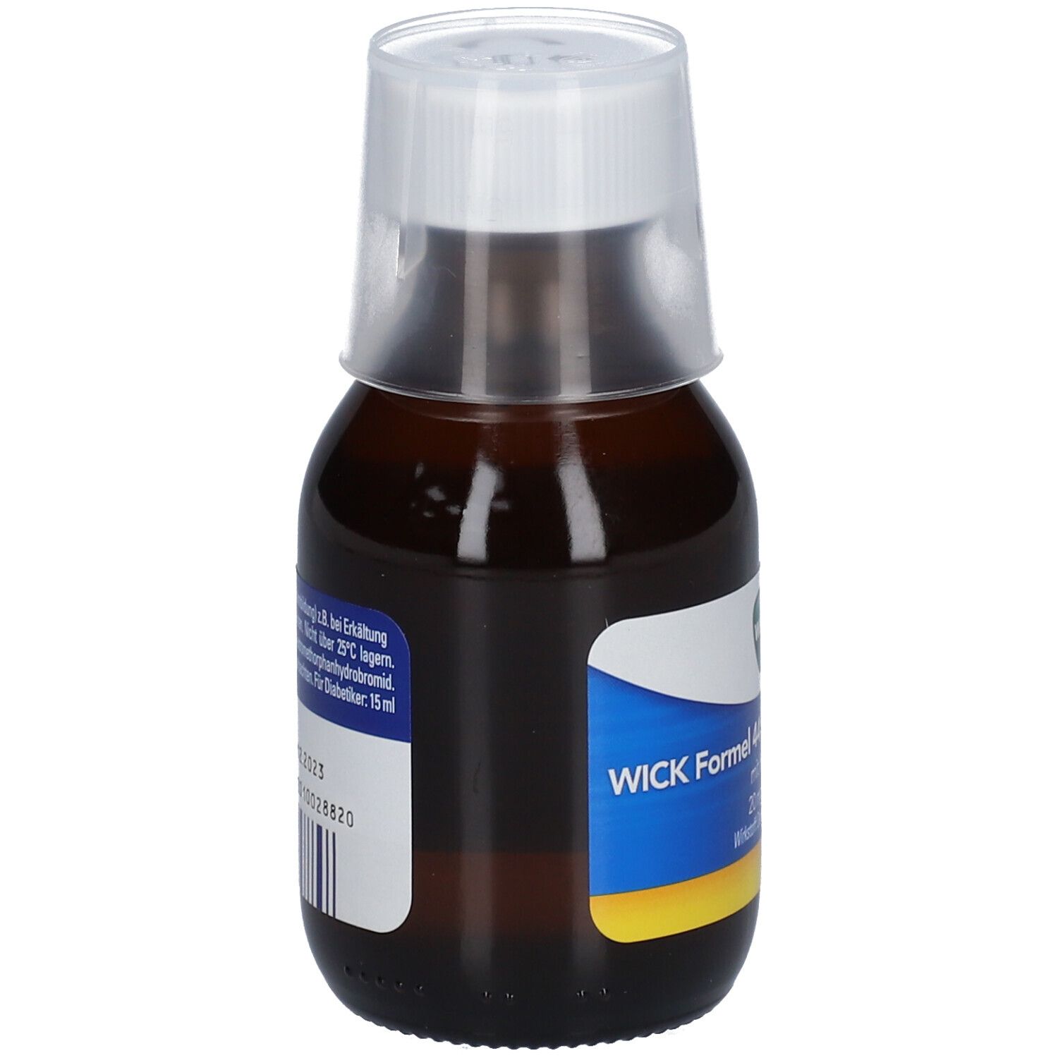 Braune Flasche mit weißem Deckel und Messbecher. Seitenansicht mit Etikett.