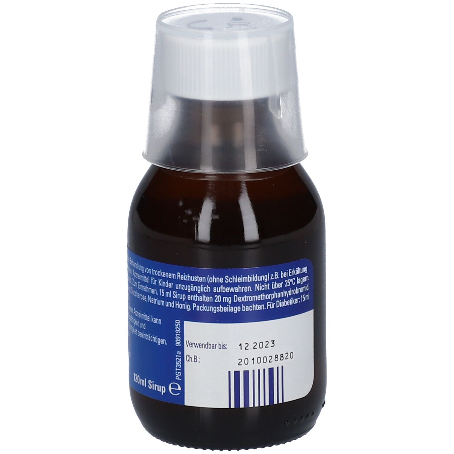 Braune Flasche mit weißem Deckel und Messbecher. Rückseite mit Etikett und Text.