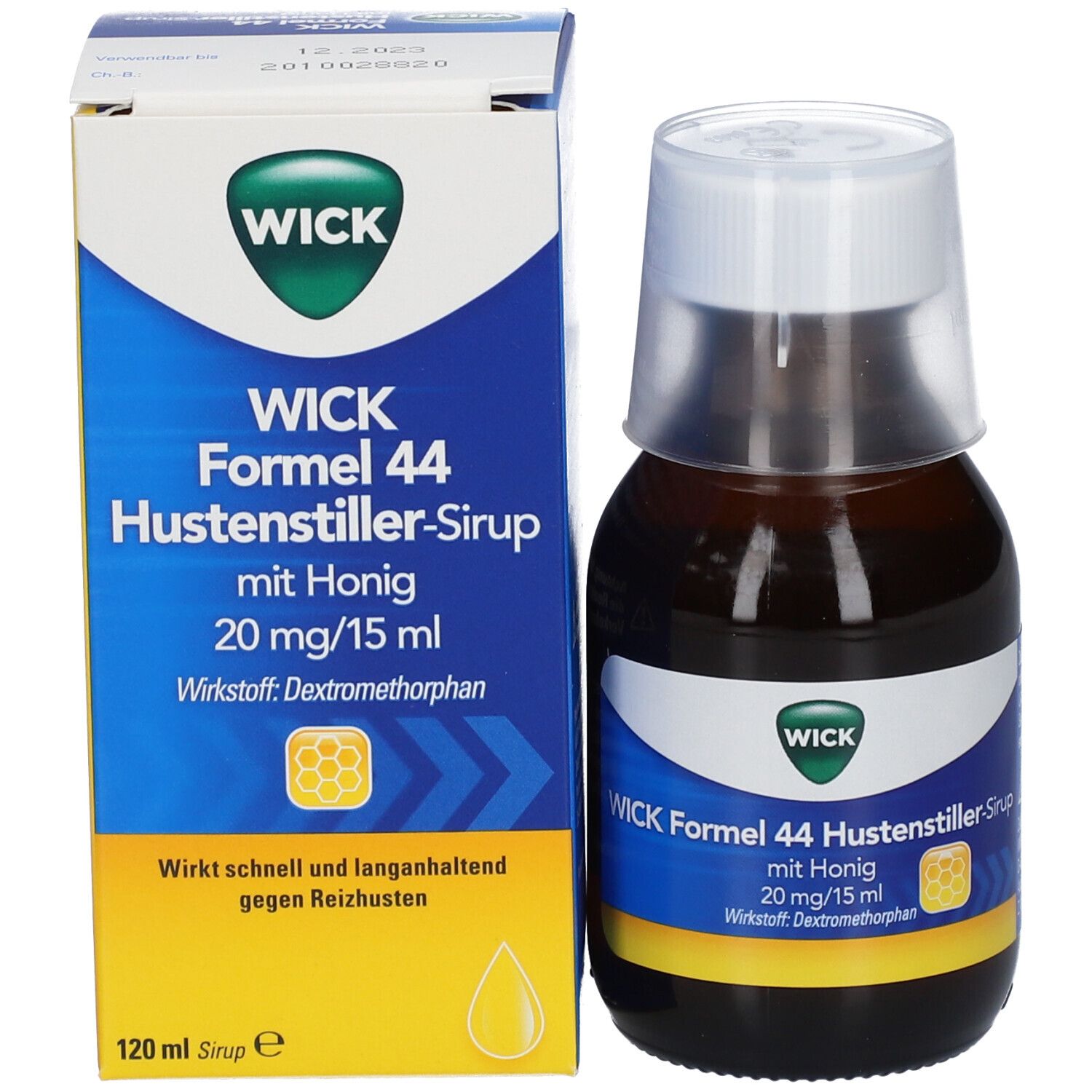 Flasche und Schachtel. Flasche mit Messbecher. Schachtel mit Produktinformationen.