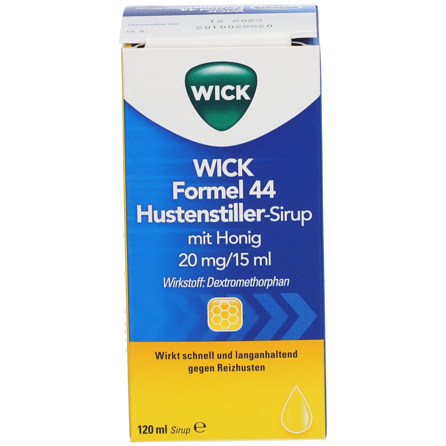 Produktverpackung. Blaue Schachtel mit Produktnamen, Logo und Text.