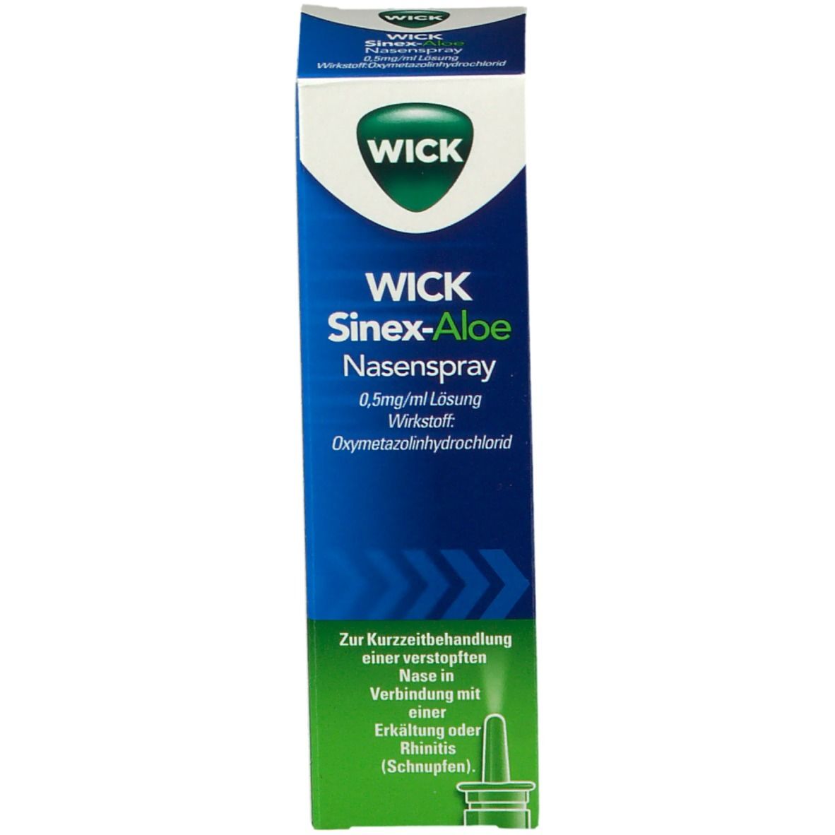 Verpackung von WICK Sinex-Aloe Nasenspray. Aufschrift: WICK Sinex-Aloe Nasenspray. Text zur kurzzeitigen Behandlung verstopfter Nase.