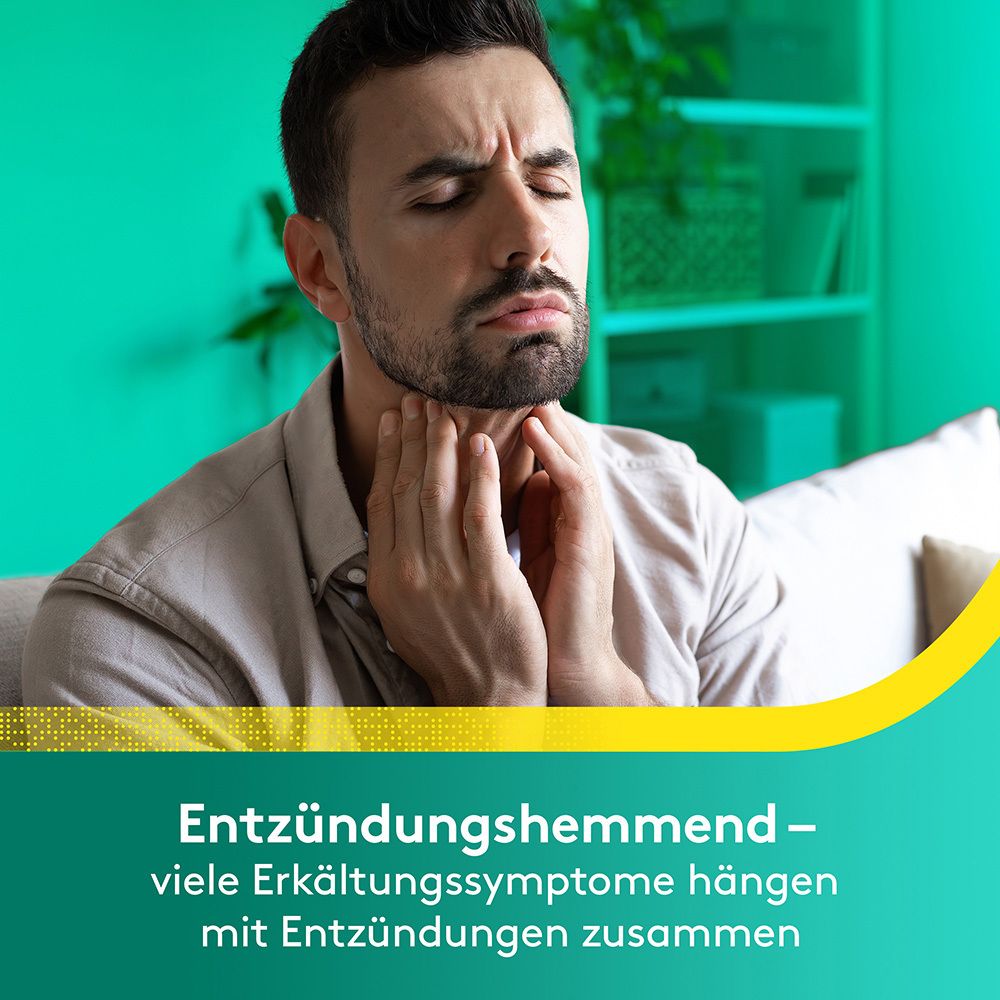 Mann mit Halsschmerzen. Text: Entzündungshemmend - viele Erkältungssymptome hängen mit Entzündungen zusammen.