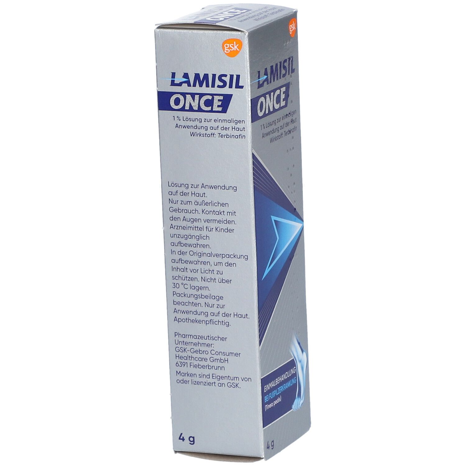 Schachtel Lamisil Once, silberfarben. Text: 1% Lösung, einmalige Anwendung. Gekippte Ansicht, Text auf der Seite.