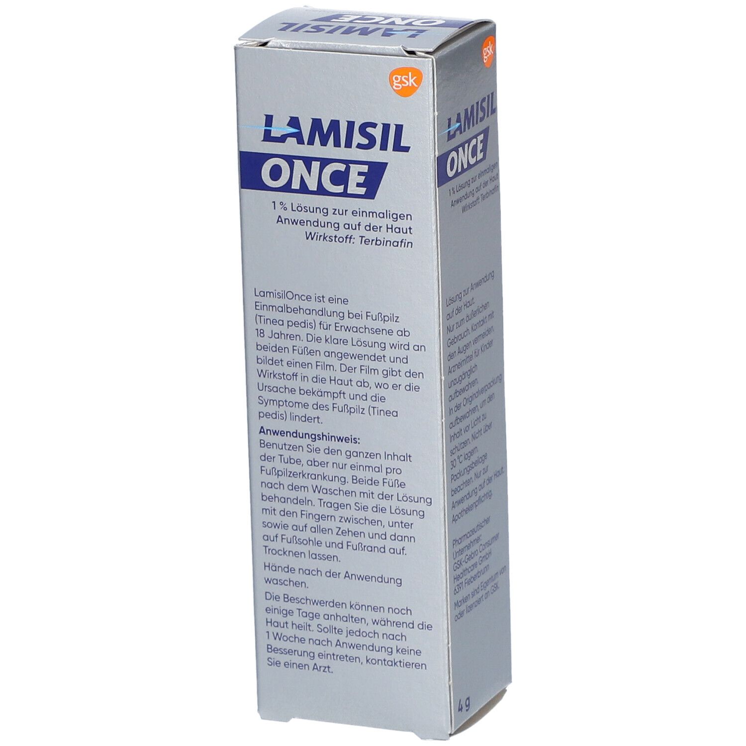 Schachtel Lamisil Once. Text: 1% Lösung, einmalige Anwendung. Detailansicht der Rückseite mit Anweisungen.