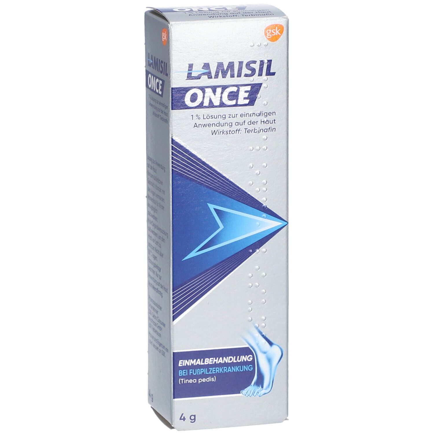 Schachtel Lamisil Once. Blaue und weiße Grafik. Text: 1% Lösung, einmalige Anwendung. Fußabbildung.