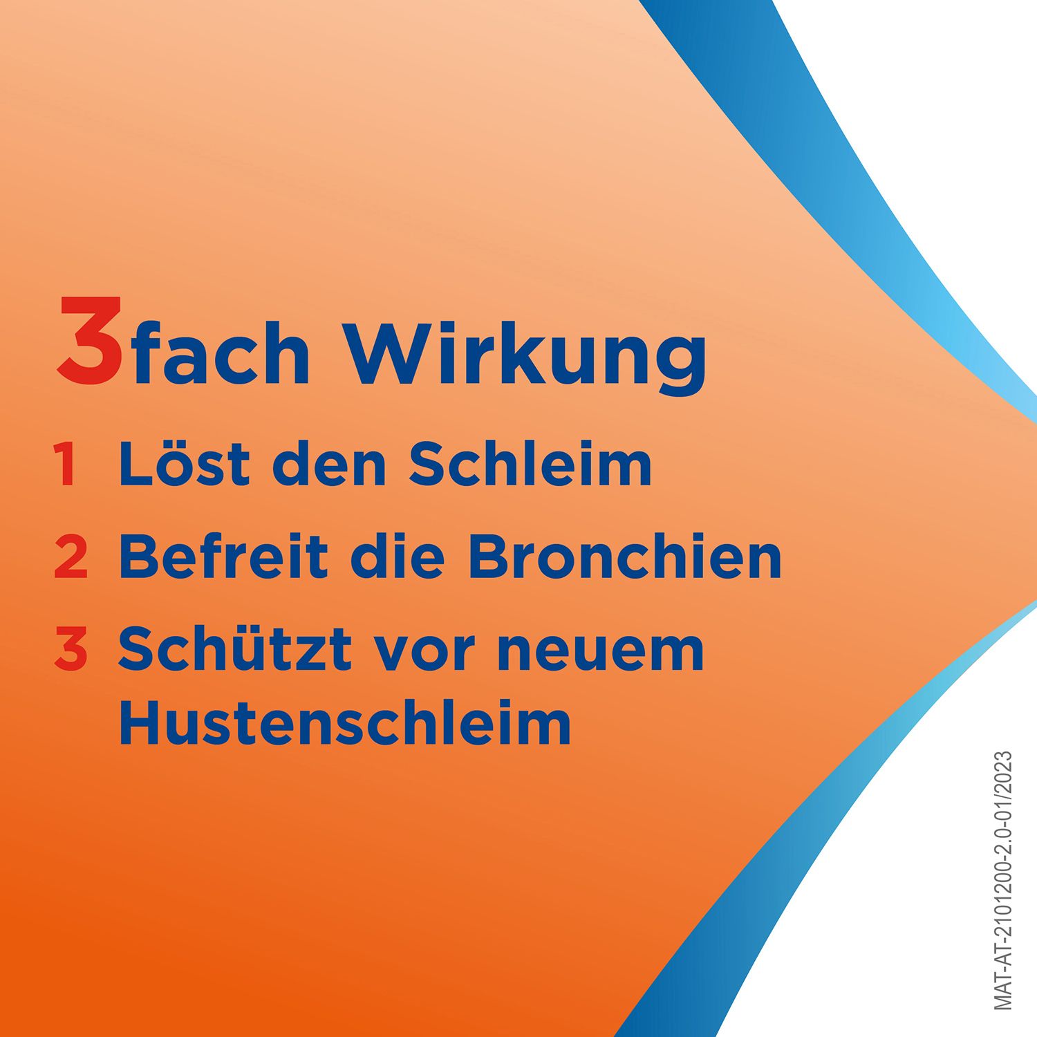Text auf orangefarbenem Hintergrund: 3-fach Wirkung. 1. Löst den Schleim. 2. Befreit die Bronchien. 3. Schützt vor Husten.
