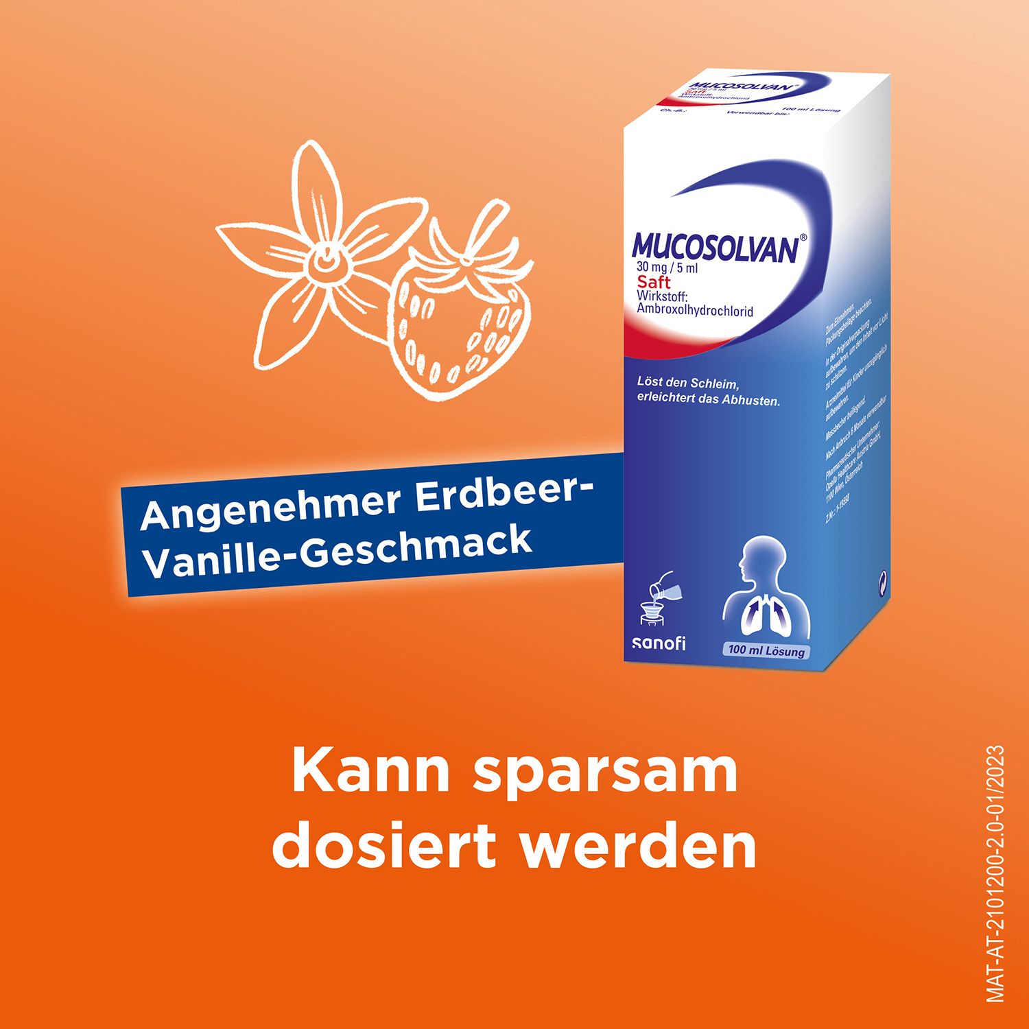 Produktverpackung mit Erdbeer-Vanille-Geschmack. Text: Kann sparsam dosiert werden.