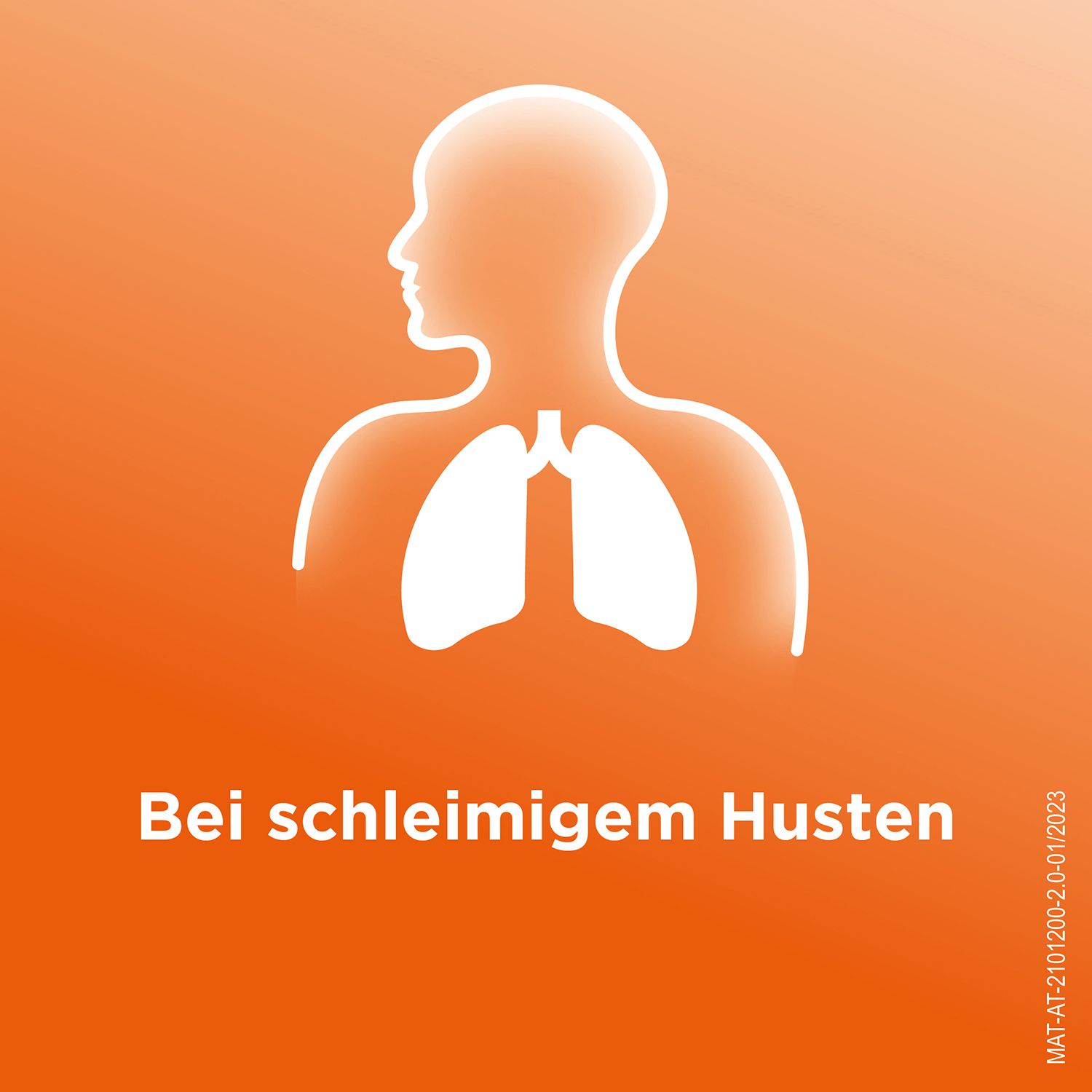 Umriss einer Person mit Lunge auf orangefarbenem Hintergrund. Text: Bei schleimigem Husten.
