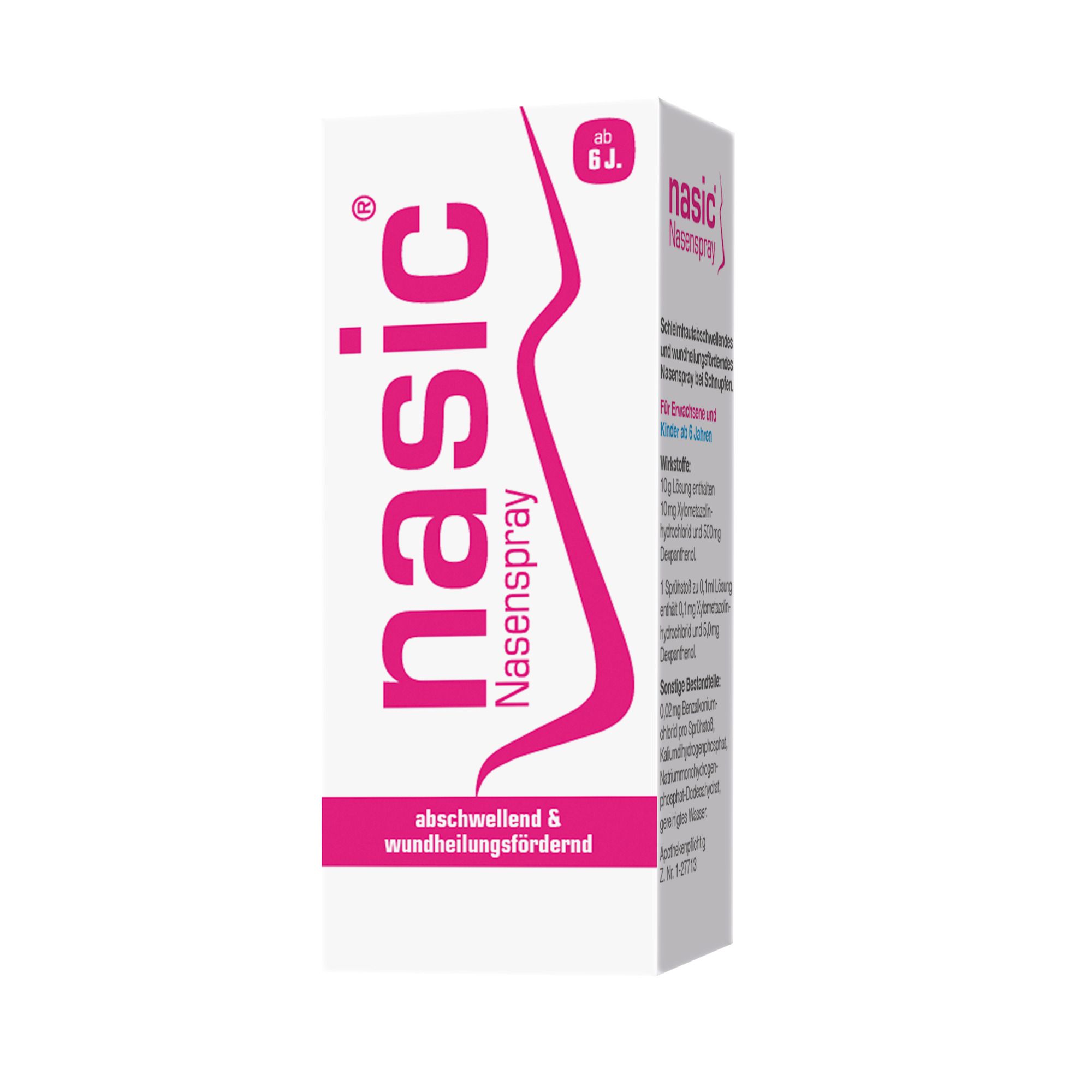 Nasic Nasenspray-Verpackung. Weiß mit pinkfarbenem Logo und Text. Enthält Informationen zur Anwendung.