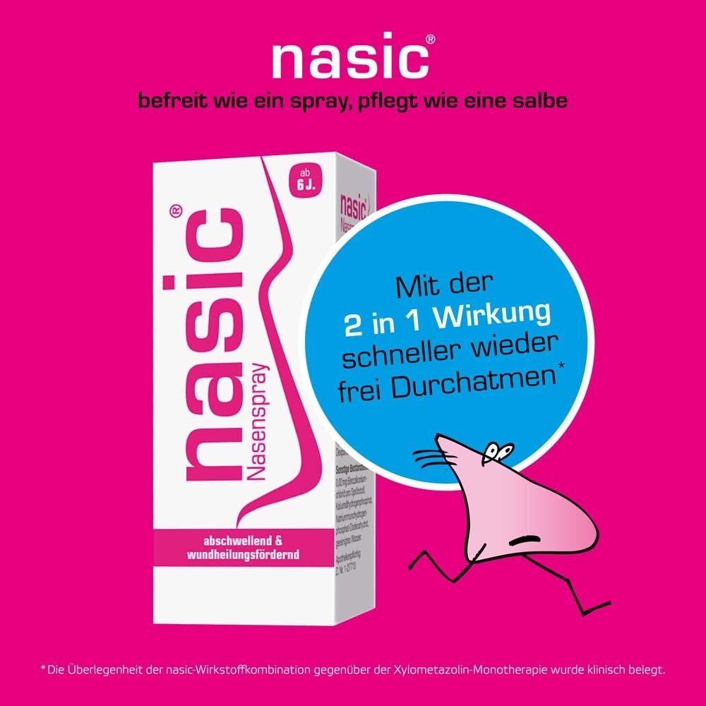Nasic Nasenspray-Verpackung auf pinkfarbenem Hintergrund. Enthält Text und eine Illustration einer Nase.