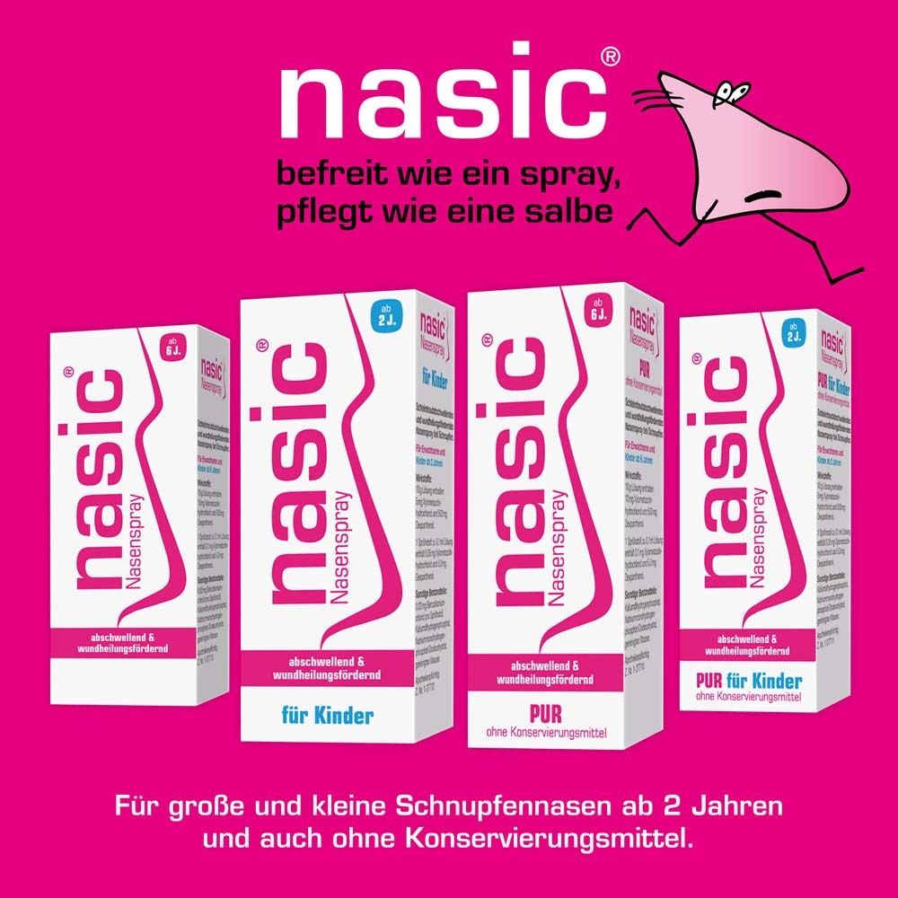 Vier Nasic Nasenspray-Verpackungen auf pinkfarbenem Hintergrund. Verschiedene Varianten.