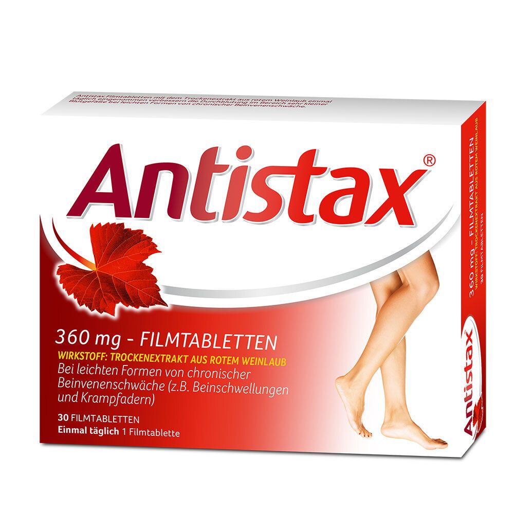 Antistax 360 mg Filmtabletten-Packung. Rote und weiße Verpackung mit Produktnamen, Inhaltsangaben und Bein-Illustration.