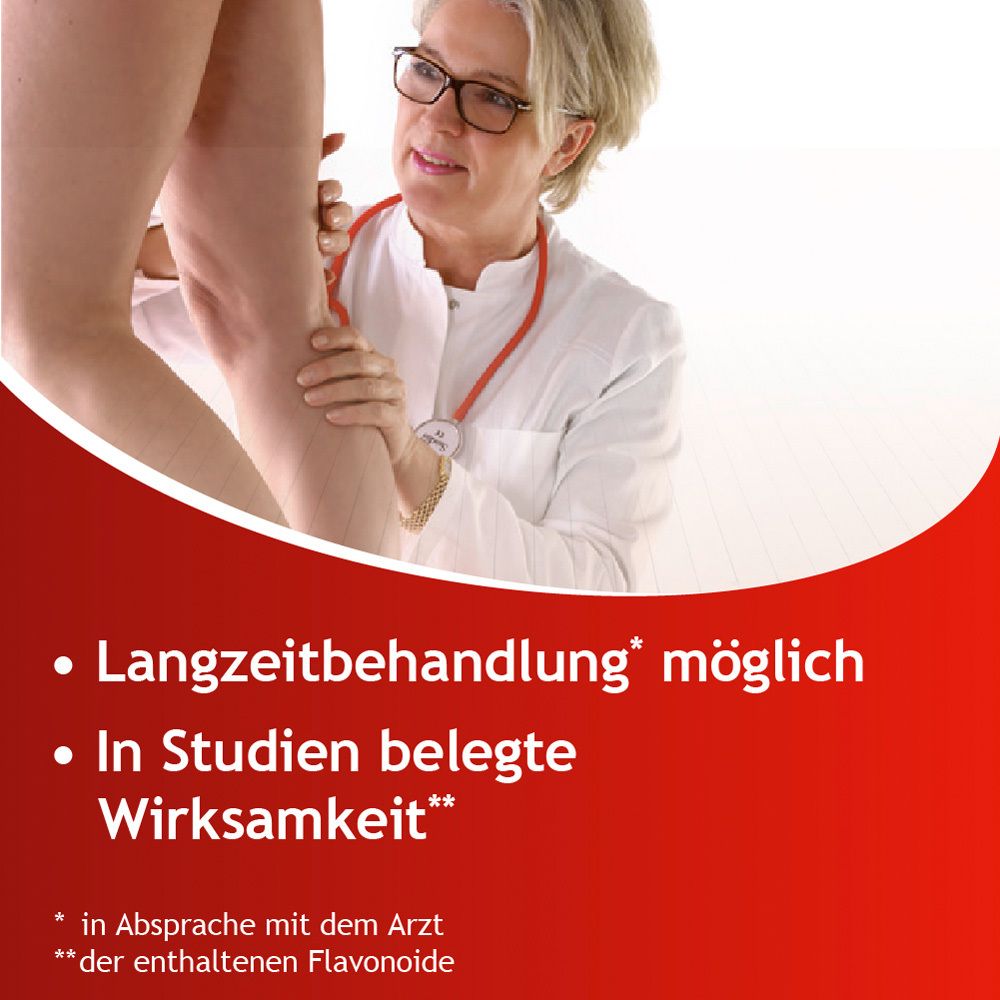 Ärztin untersucht Bein. Text: Langzeitbehandlung möglich, In Studien belegte Wirksamkeit.