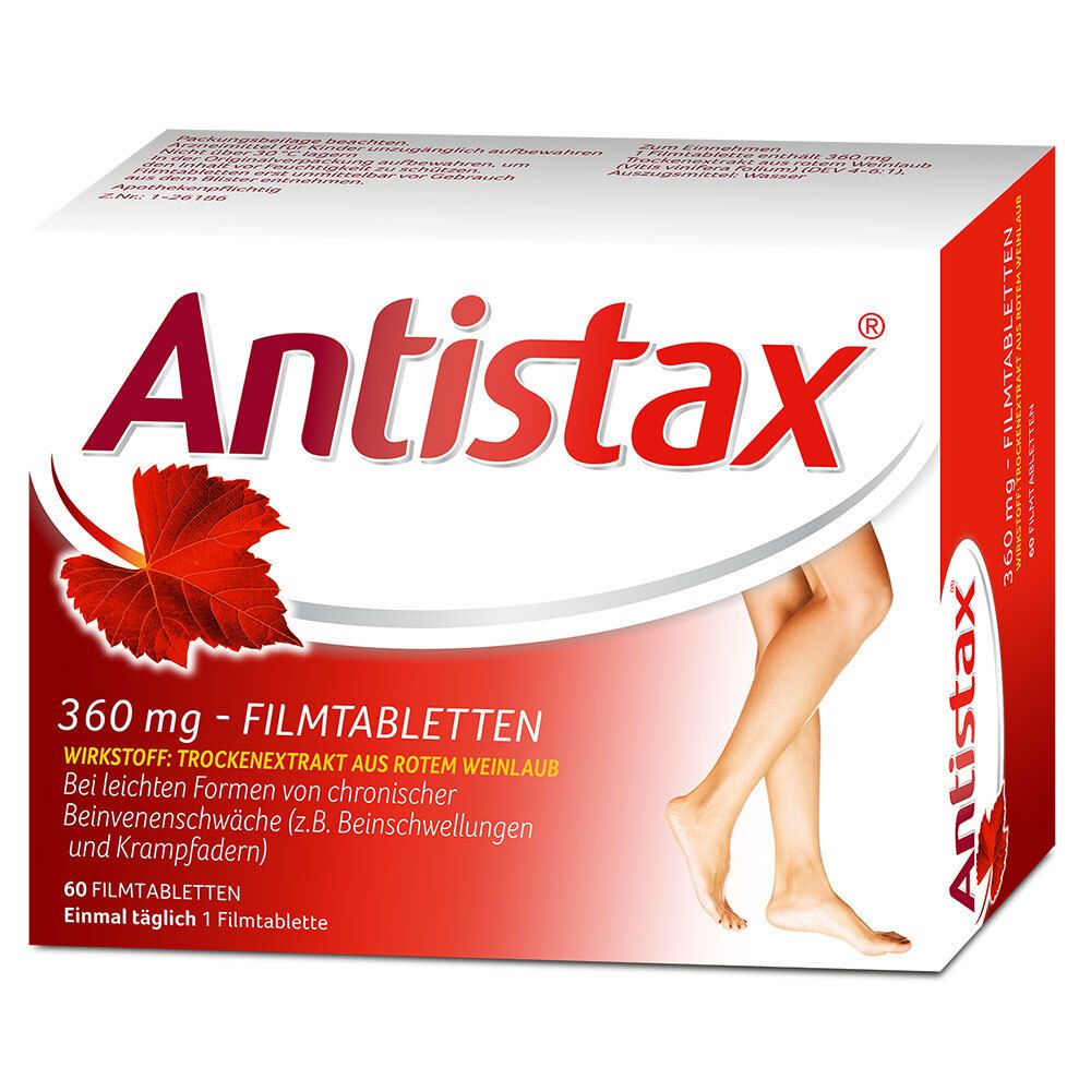 Schachtel Antistax® 360 mg Filmtabletten. Rote und weiße Verpackung mit Produktinformationen und Bein-Illustration.