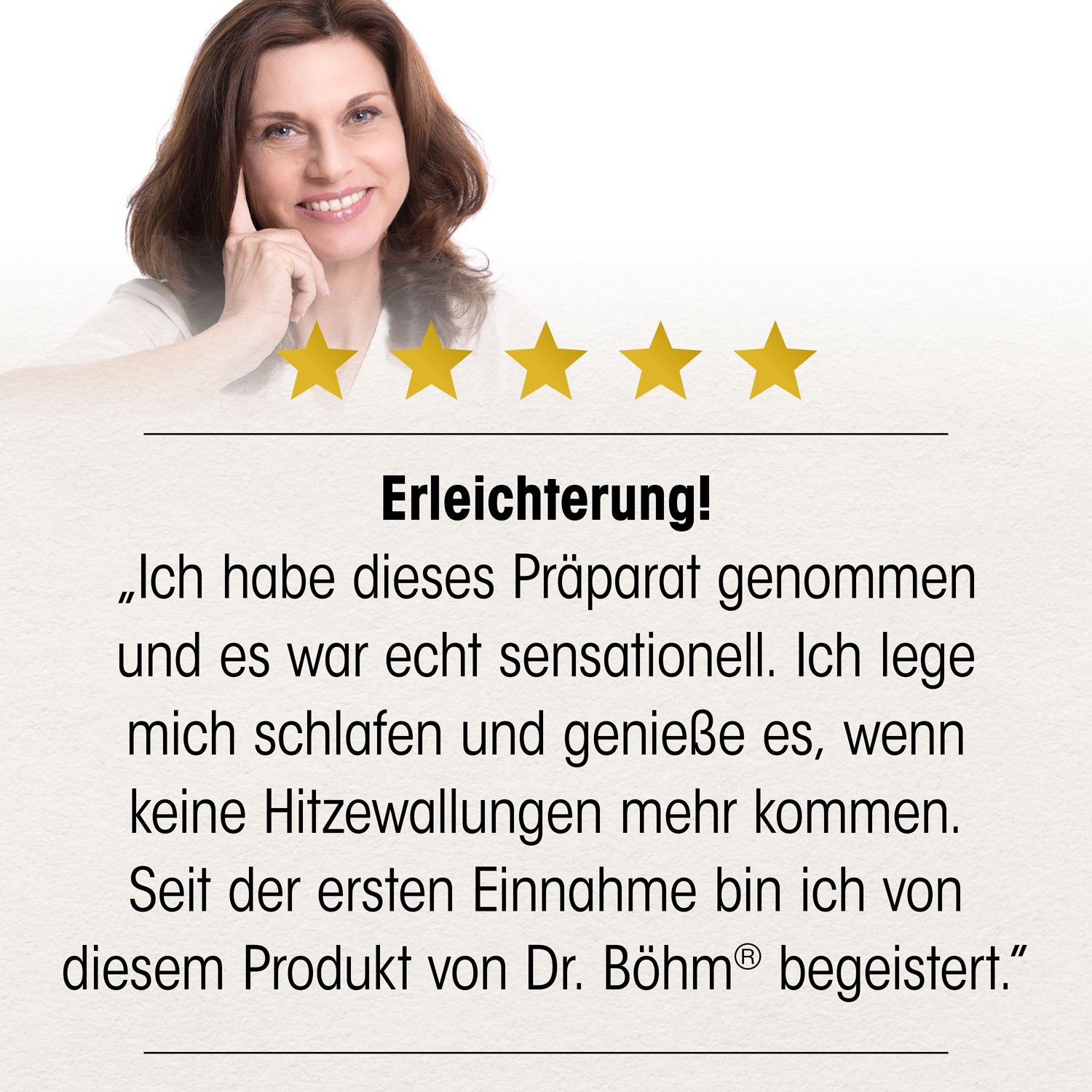 Frau mit Text: Erleichterung! Zitat über die Wirkung von Dr. Böhm.