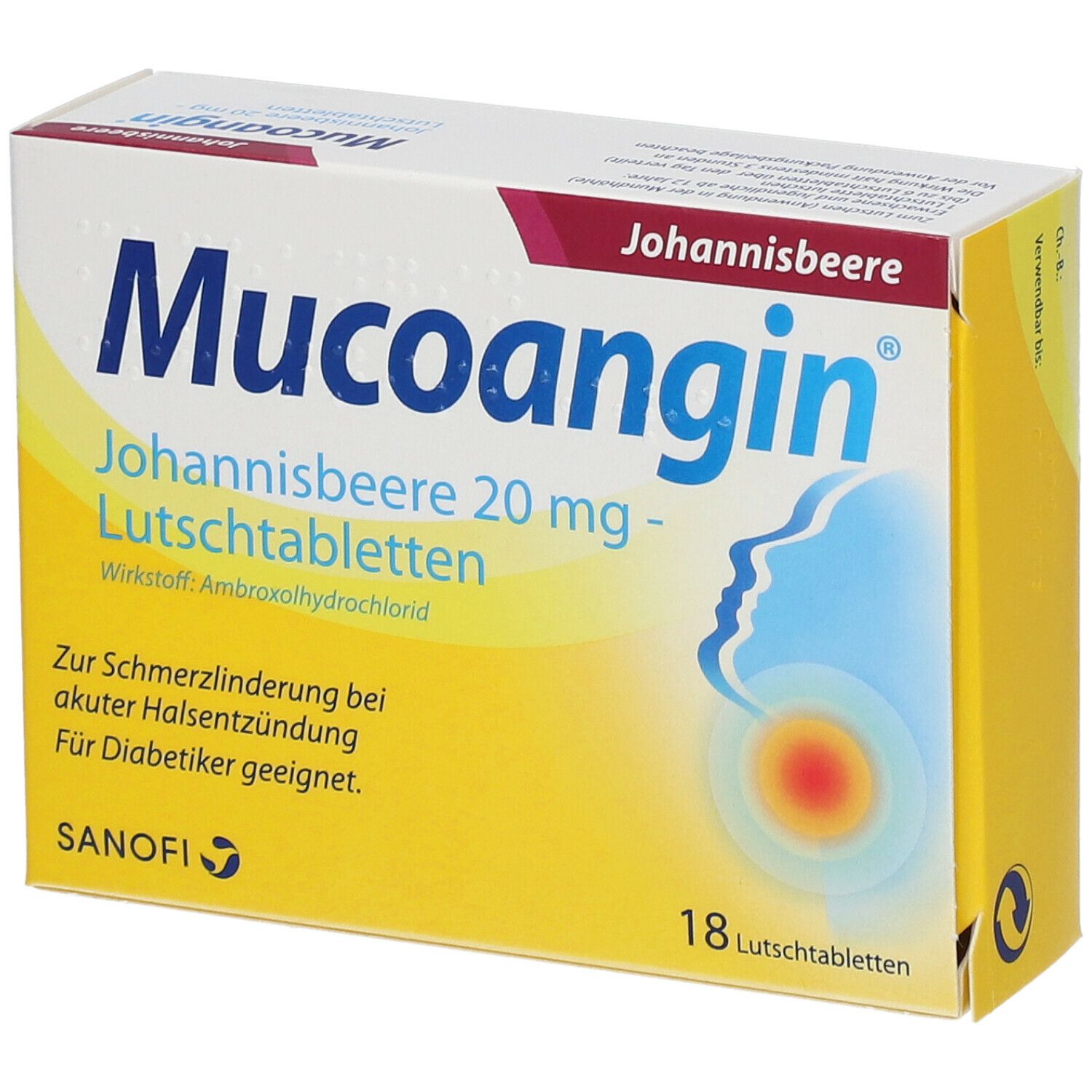 Schachtel mit Mucoangin Lutschtabletten. Aufschrift: Johannisbeere, 20 mg, 18 Lutschtabletten. Sanofi Logo.