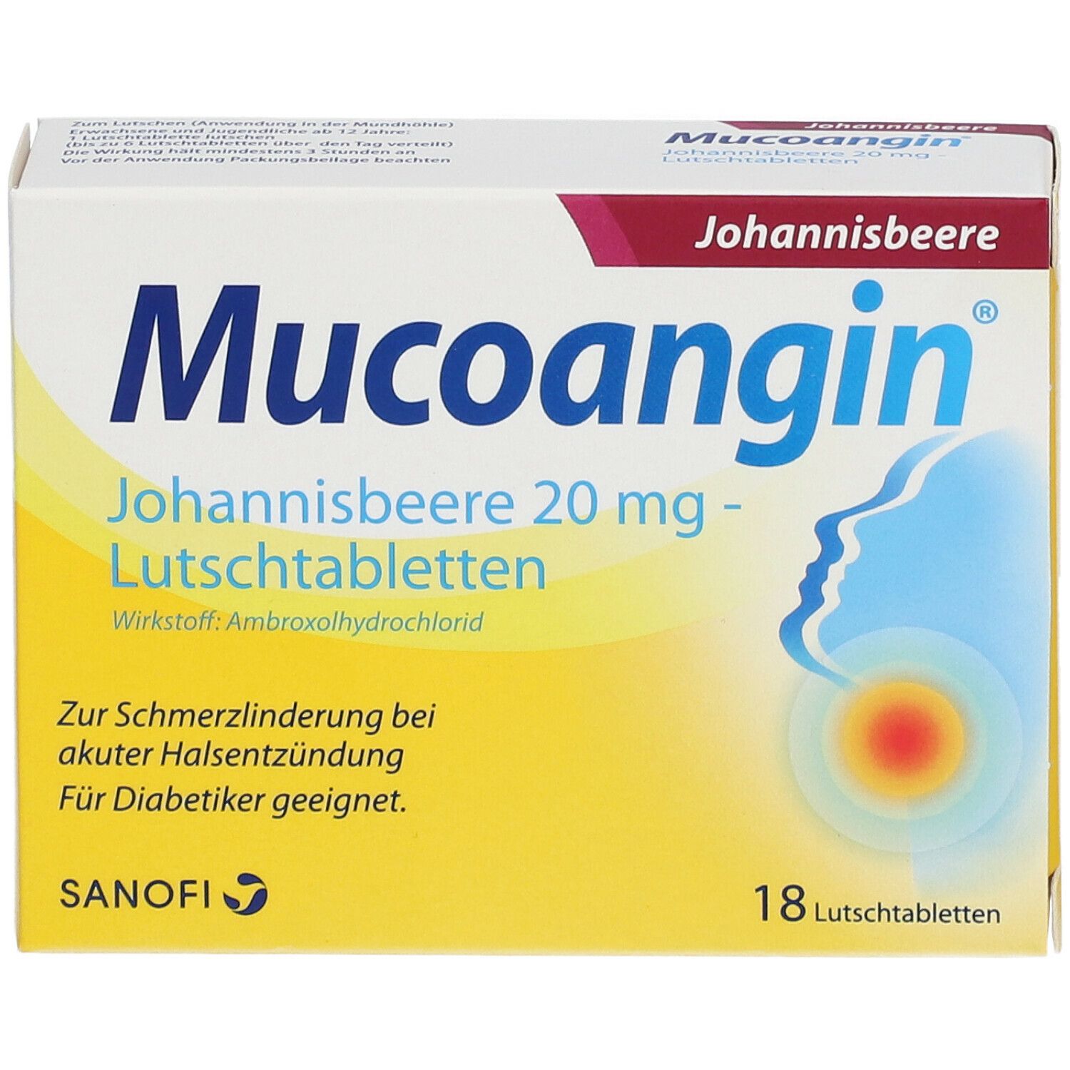 Schachtel mit Mucoangin Lutschtabletten. Aufschrift: Johannisbeere, 20 mg, 18 Lutschtabletten. Sanofi Logo.