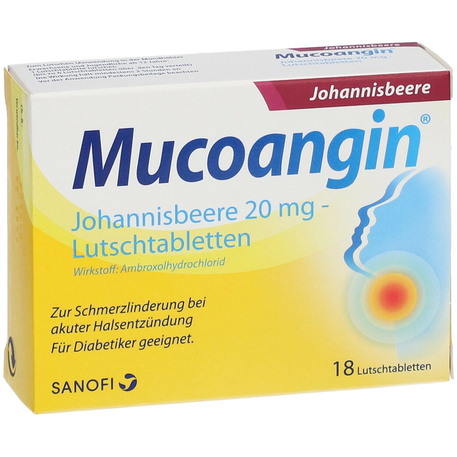 Schachtel mit Mucoangin Lutschtabletten. Aufschrift: Johannisbeere, 20 mg, 18 Lutschtabletten. Sanofi Logo.