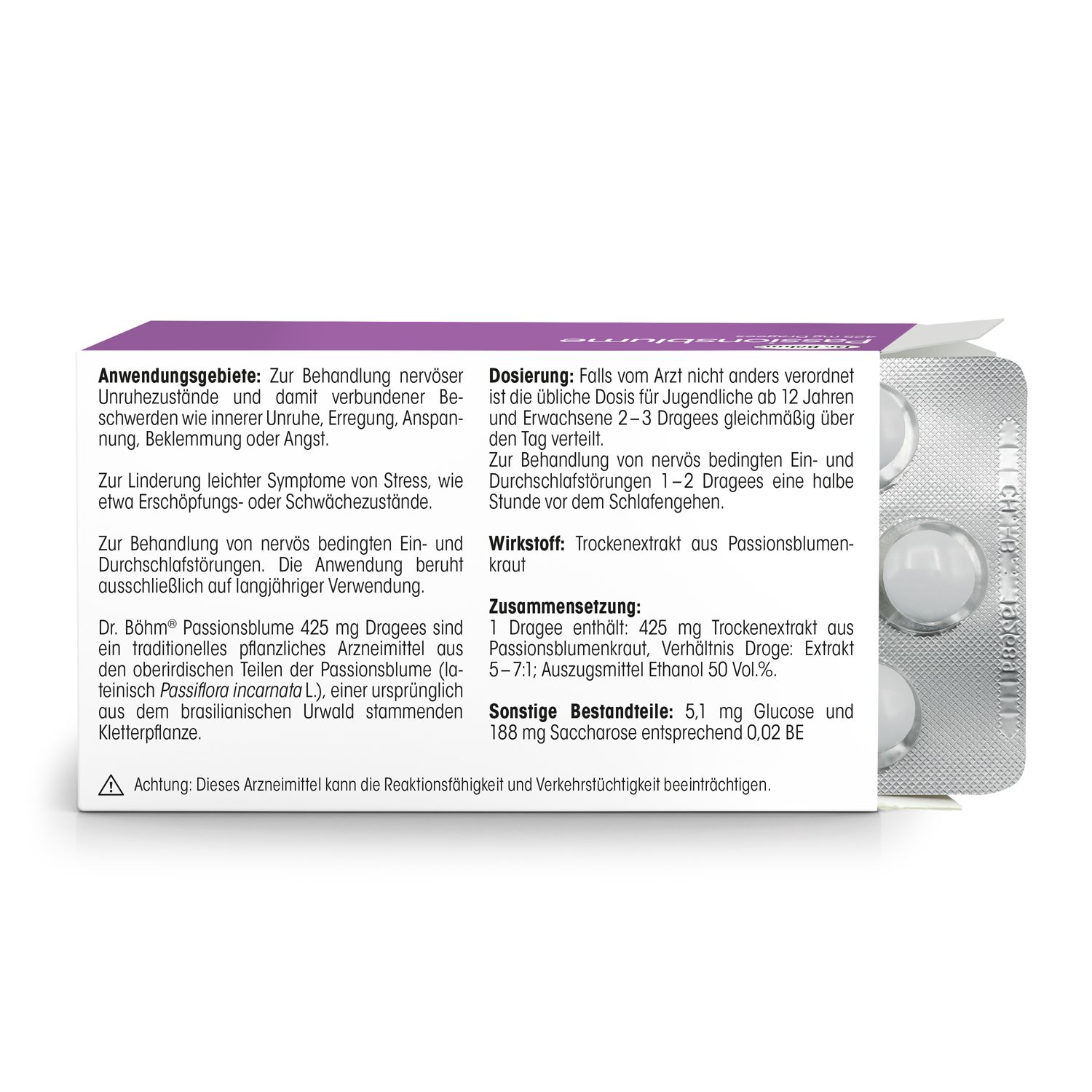 Rückseite der Packung Dr. Böhm Passionsblume. Textinformationen zu Anwendung, Dosierung und Inhaltsstoffen.