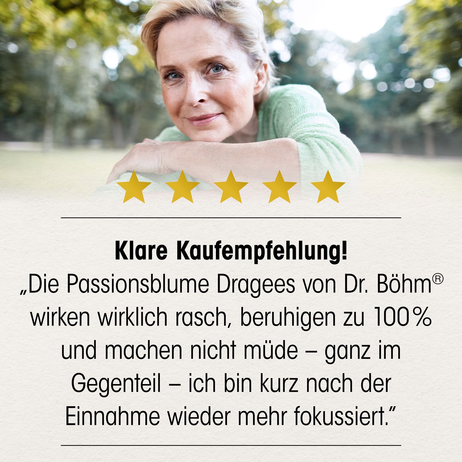 Frau mit 4 Sternen. Text: Klare Kaufempfehlung für Passionsblume Dragees.