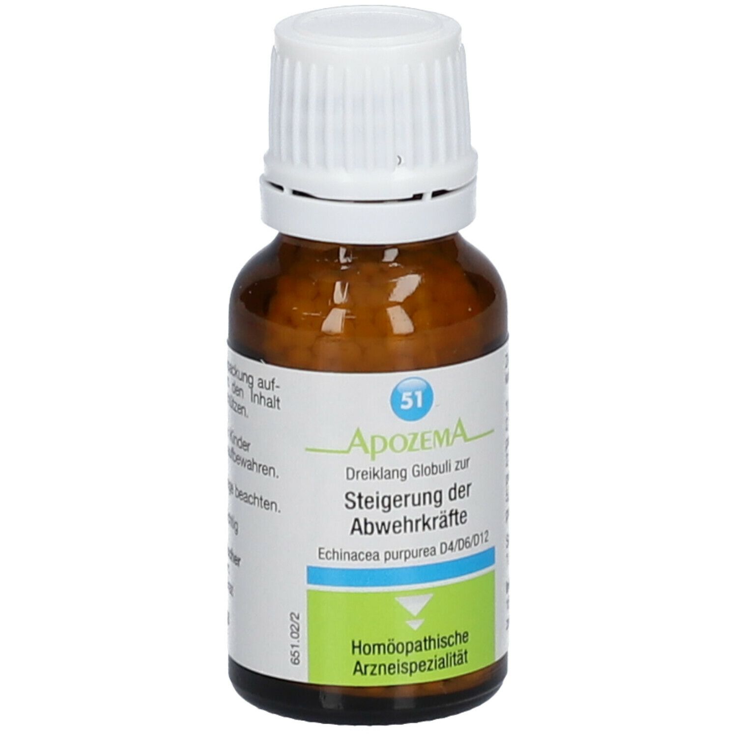 Braune Glasflasche mit weißem Deckel. Etikett mit Produktnamen, Nummer 51 und Inhaltsangaben. Homöopathisches Arzneimittel.