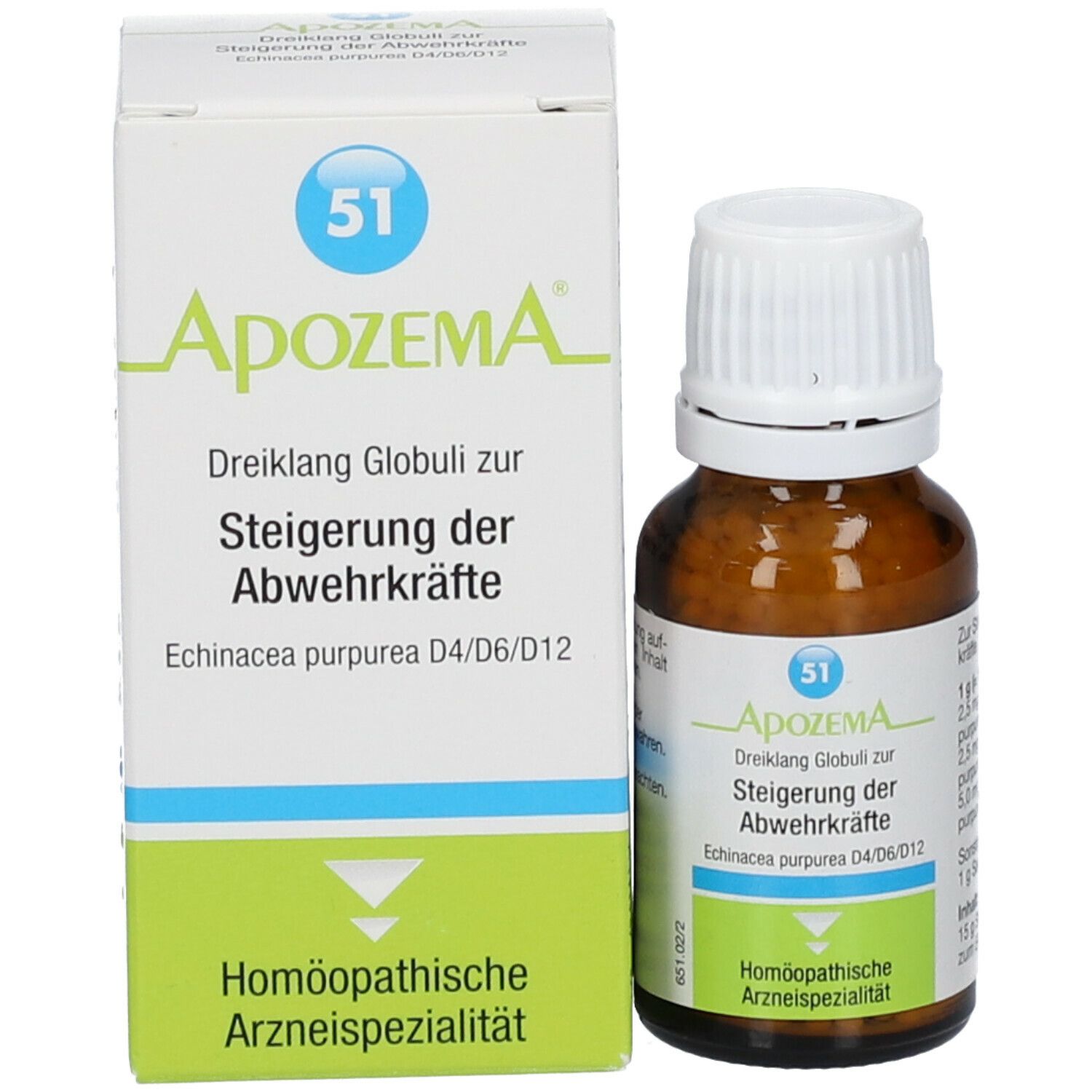 Produktflasche und Schachtel. Schachtel mit Produktnamen, Nummer 51 und Inhaltsangaben. Homöopathisches Arzneimittel.