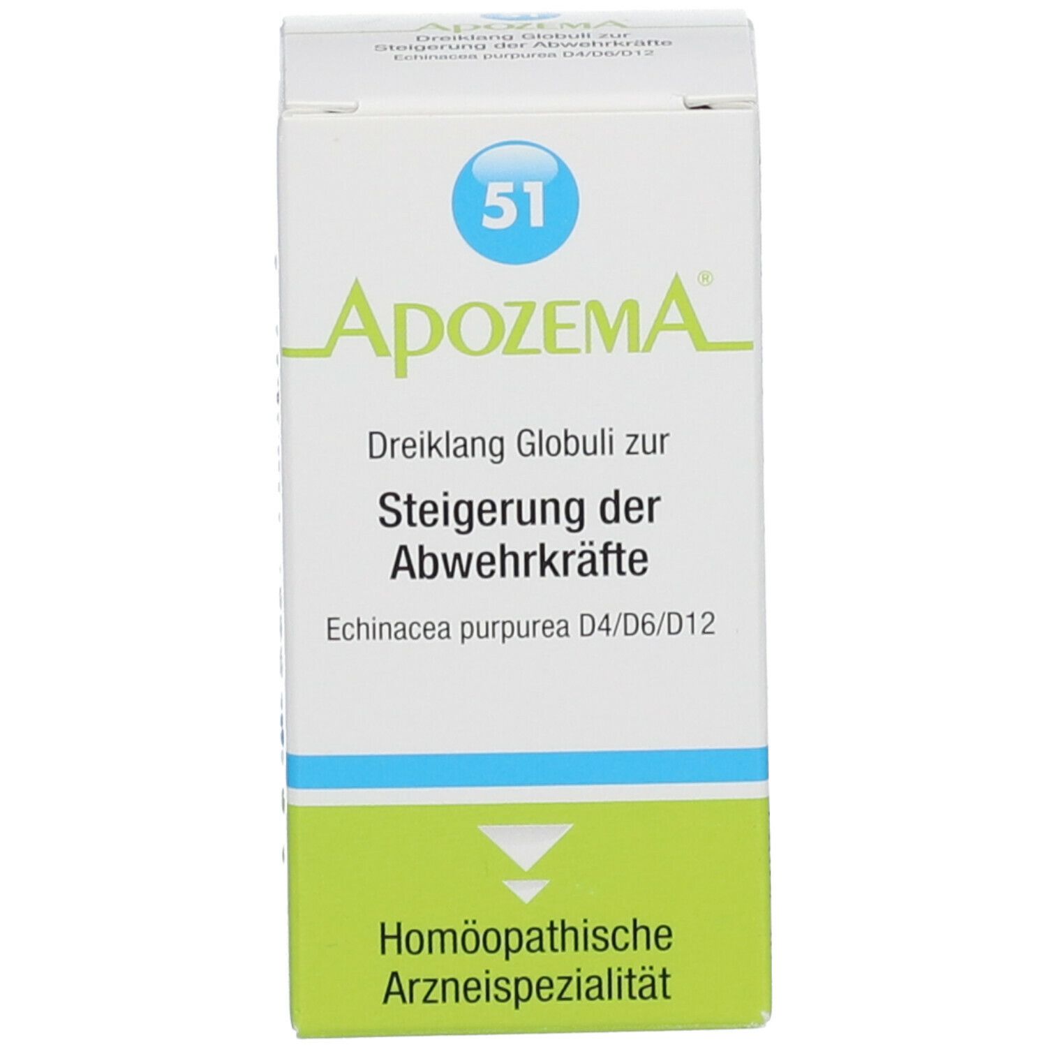 Schachtel mit Produktnamen, Nummer 51 und Inhaltsangaben. Homöopathisches Arzneimittel. Weiß, grün und blau.