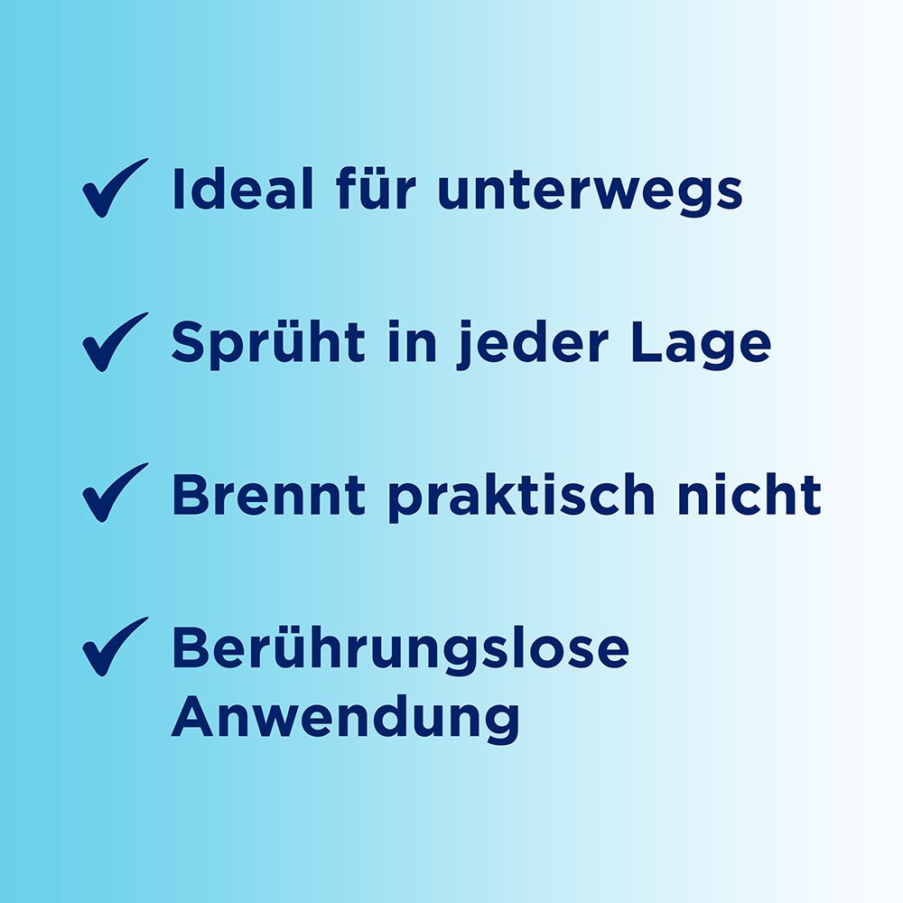 Häkchen-Symbole. Text: Ideal für unterwegs, sprüht in jeder Lage, brennt praktisch nicht, berührungslose Anwendung.