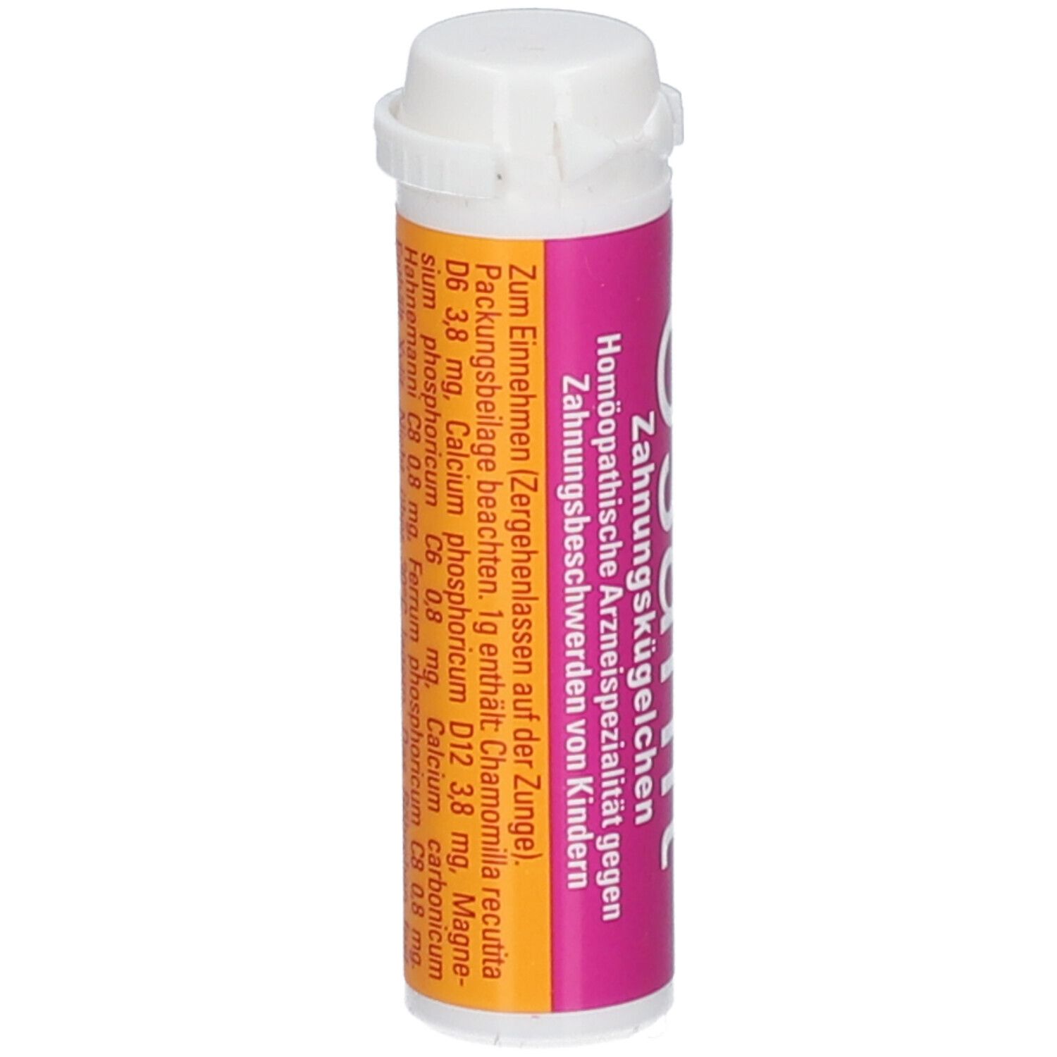 Osanit® Zahnungskügelchen. Tube mit Inhaltsangaben. Rosa-orangefarben. Weißer Deckel.