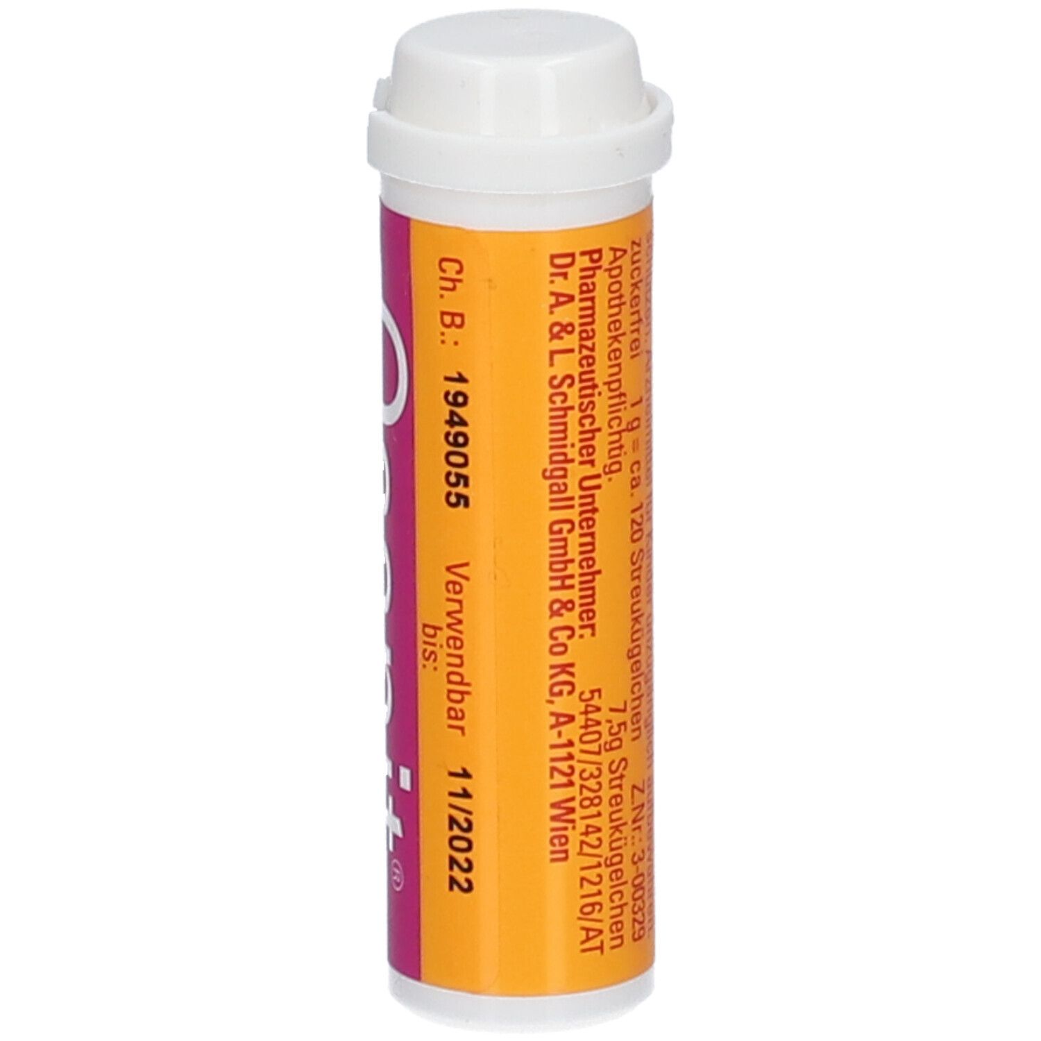 Osanit® Zahnungskügelchen. Tube mit Inhaltsangaben. Rosa-orangefarben. Weißer Deckel.