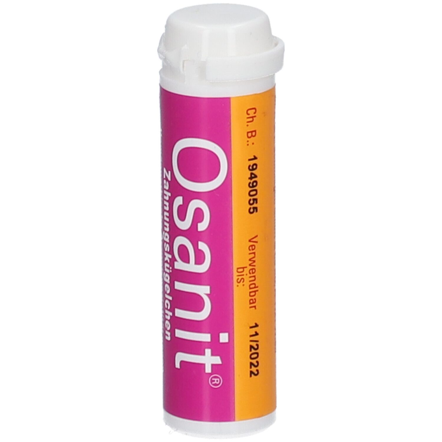 Osanit® Zahnungskügelchen. Weiße Kappe, rosa-orangefarbene Tube. Haltbarkeitsdatum 11/2022.