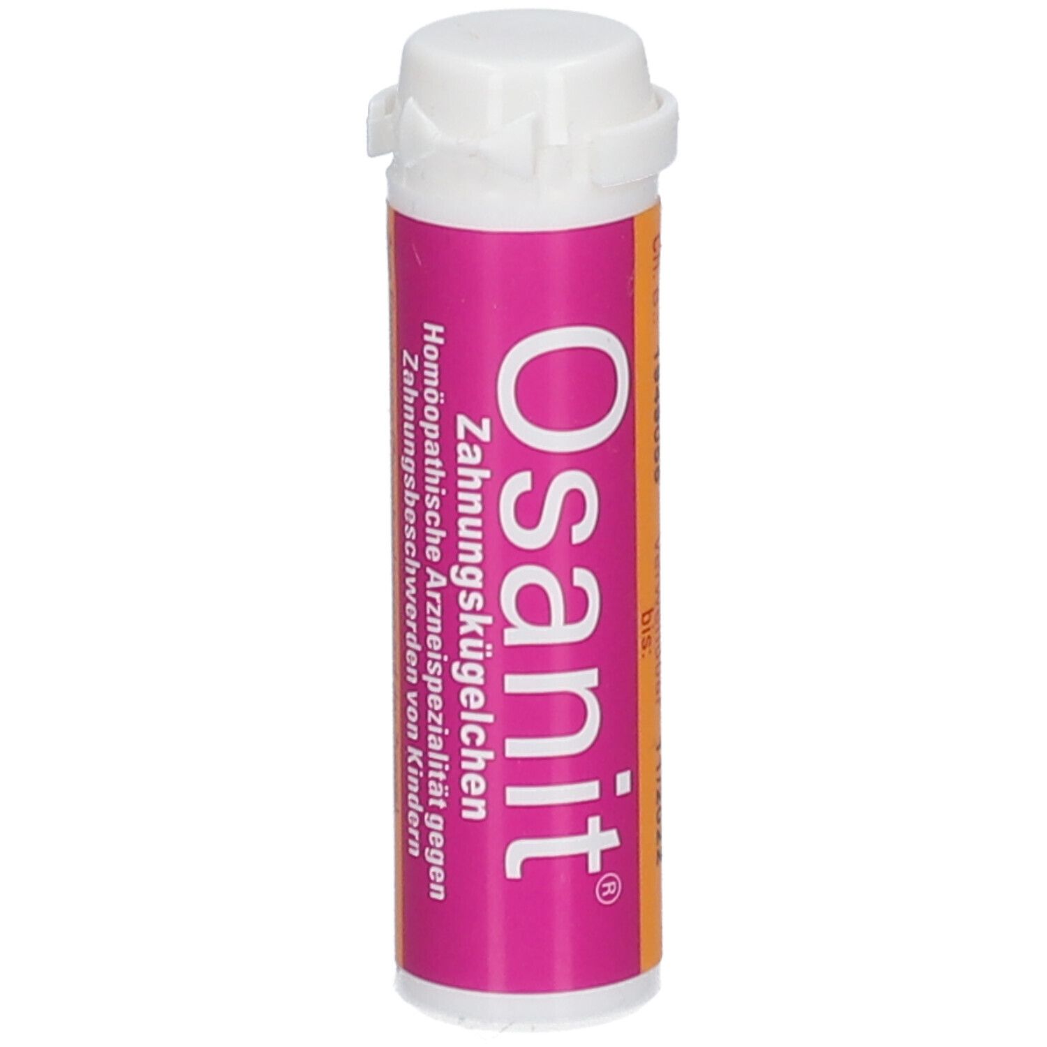 Osanit® Zahnungskügelchen. Rosa-orangefarbene Tube mit weißem Deckel.