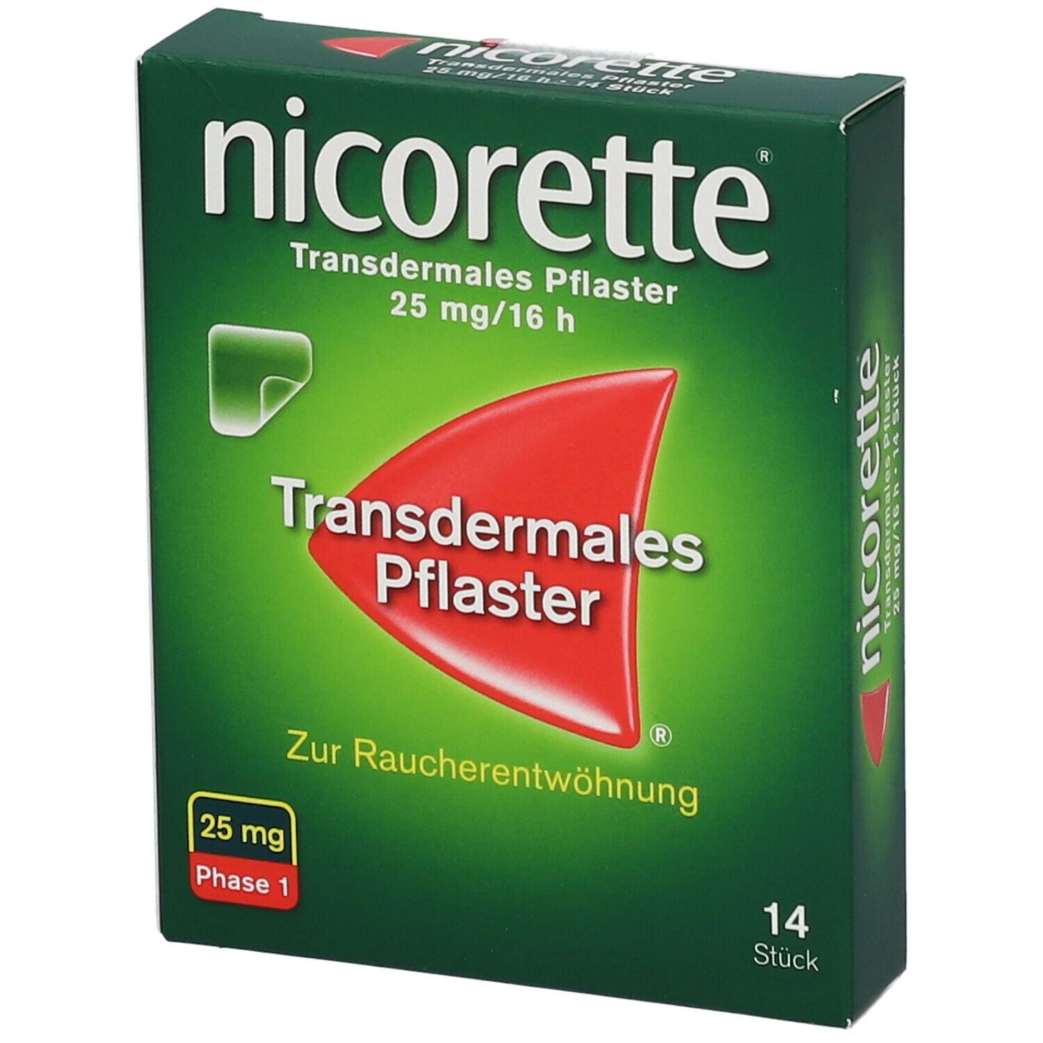 Schachtel mit nicorette® transdermales Pflaster. 25 mg/16 h. 14 Stück. Rotes Pflaster-Symbol.