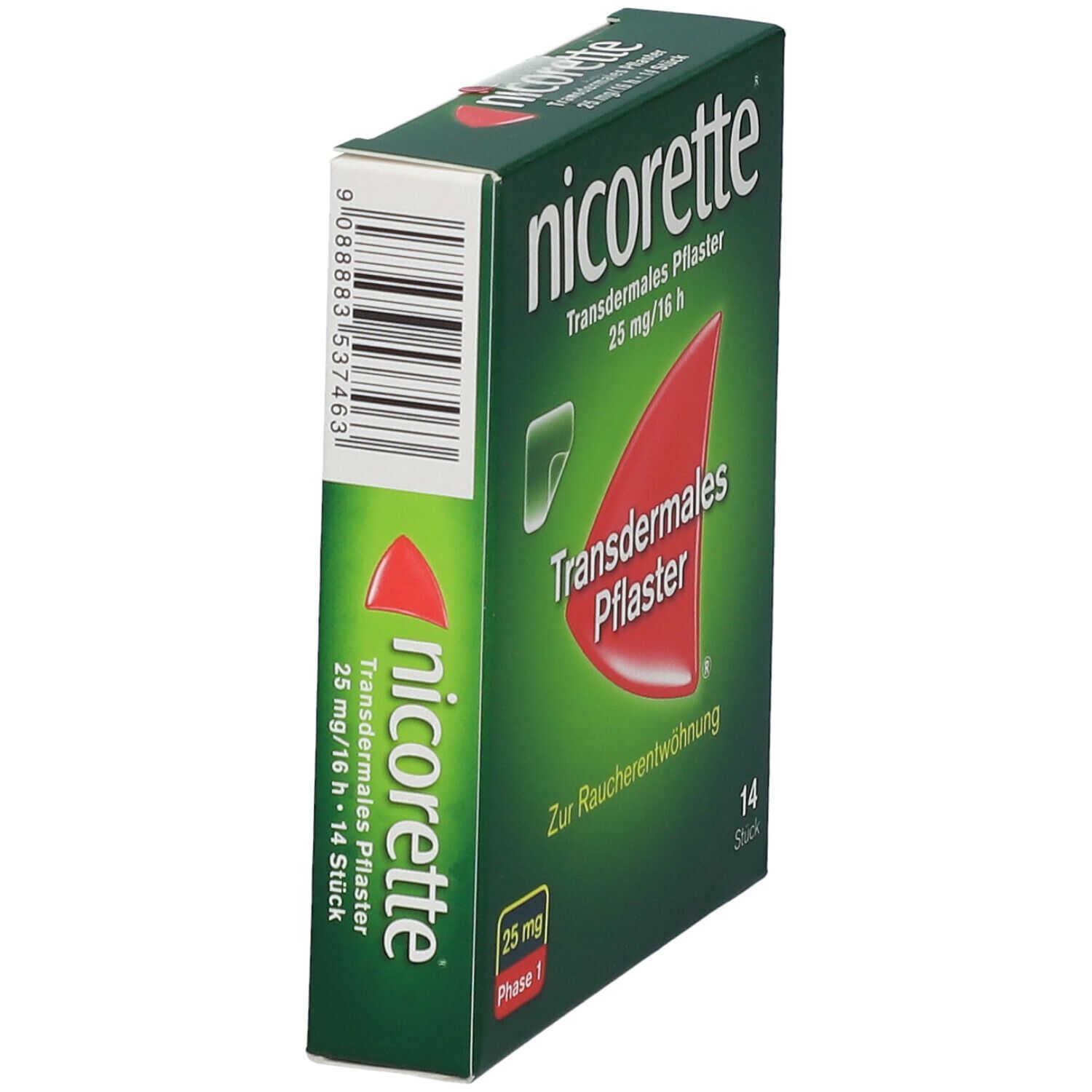 Schachtel, nicorette® transdermales Pflaster. 25 mg/16 h. 14 Stück. Rotes Pflaster-Symbol. Schrägansicht.