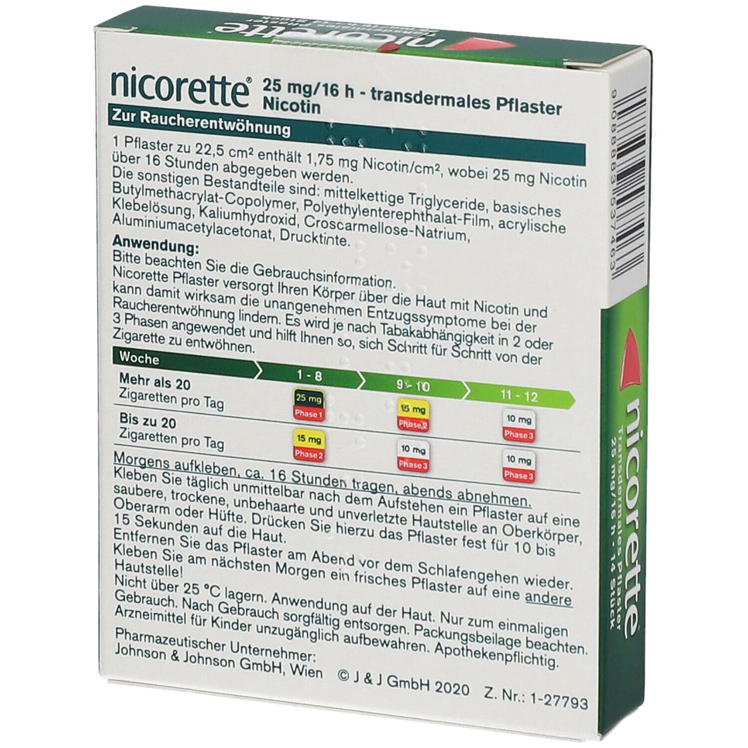 Rückseite der Schachtel mit Informationen zu nicorette® transdermales Pflaster. Text und Diagramm.