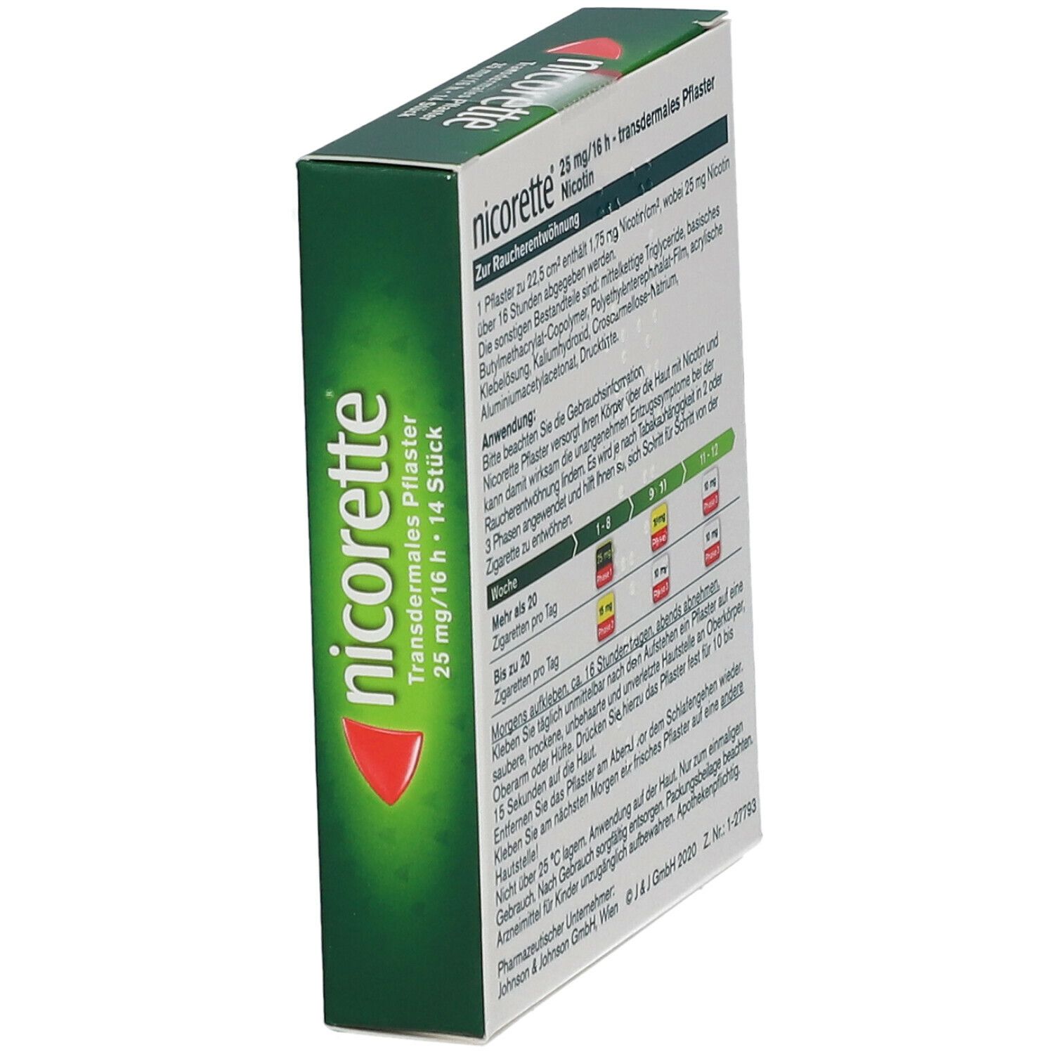 Schachtel, nicorette® transdermales Pflaster. 25 mg/16 h. 14 Stück. Rotes Pflaster-Symbol. Schrägansicht.