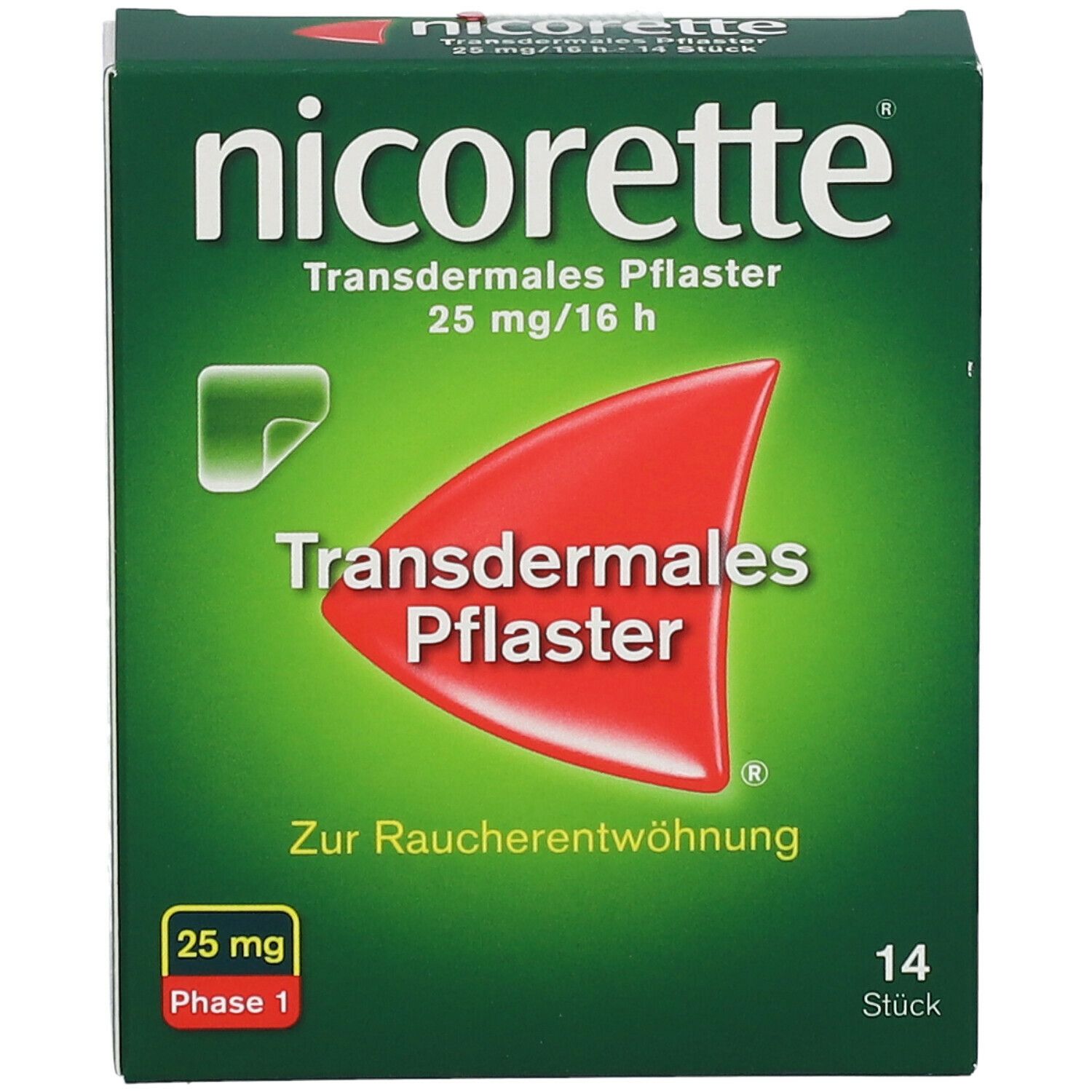 Schachtel mit nicorette® transdermales Pflaster. 25 mg/16 h. 14 Stück. Rotes Pflaster-Symbol.