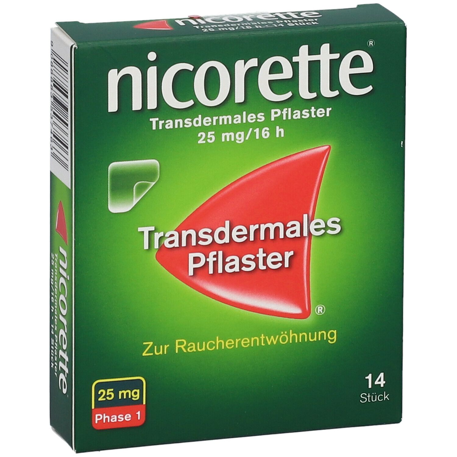 Schachtel mit nicorette® transdermales Pflaster. 25 mg/16 h. 14 Stück. Rotes Pflaster-Symbol.